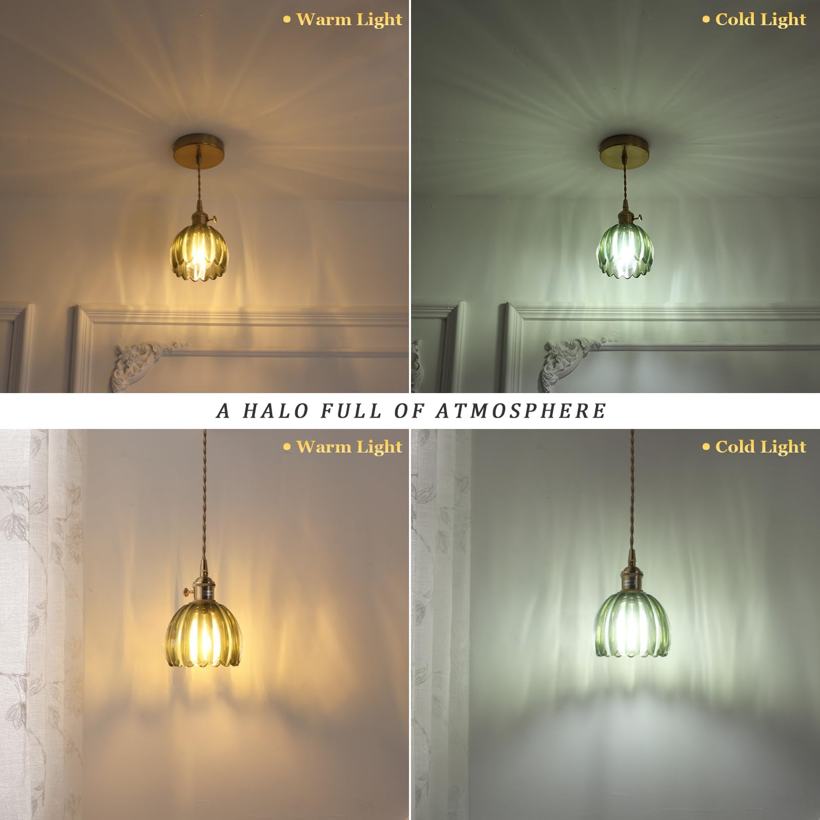 Shenmoyl Mini Pendant Light 2 Pack With Green Tulip Glass Lmapshade, Brass Vintage Pendant Light Adjustable Hanging Light For Ki