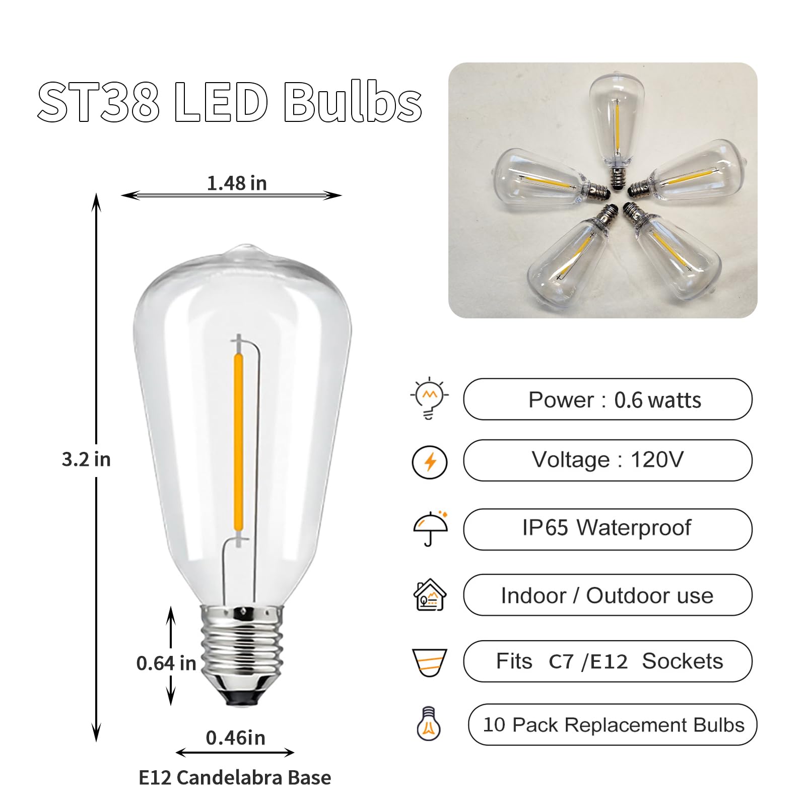 Chyparty 10 Pack St38 Edison Replacement Bulbs, Warm White Led Clear Bulbs, E12 Base, Energy-Efficient, Waterproof, Shatterproof