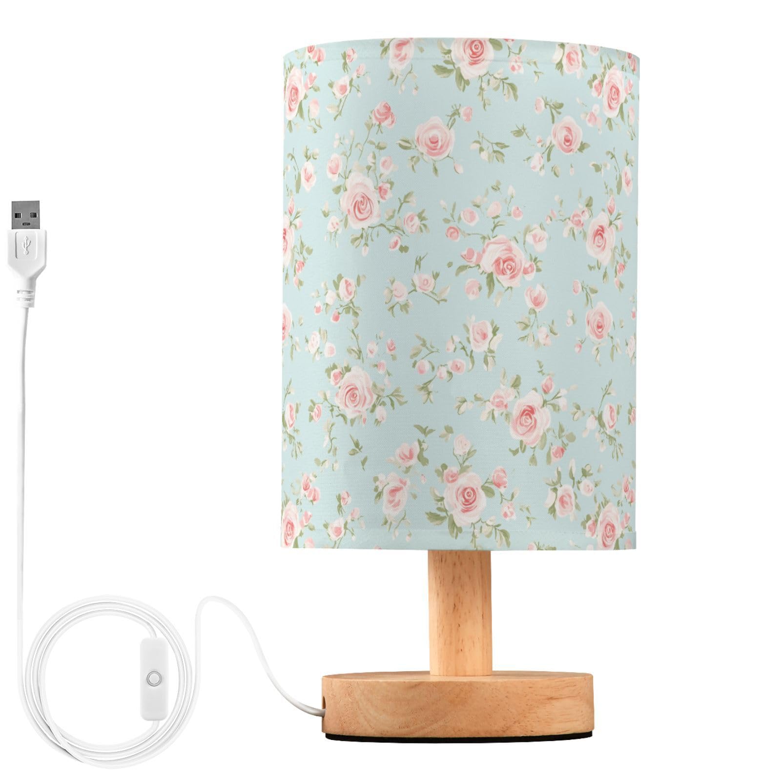 ALAZA Rose Flower Blue Vintage Cute Decor Bedside Table Lamp with USB Port for Bedroom Nightstand Office Desk LED Bulb Included