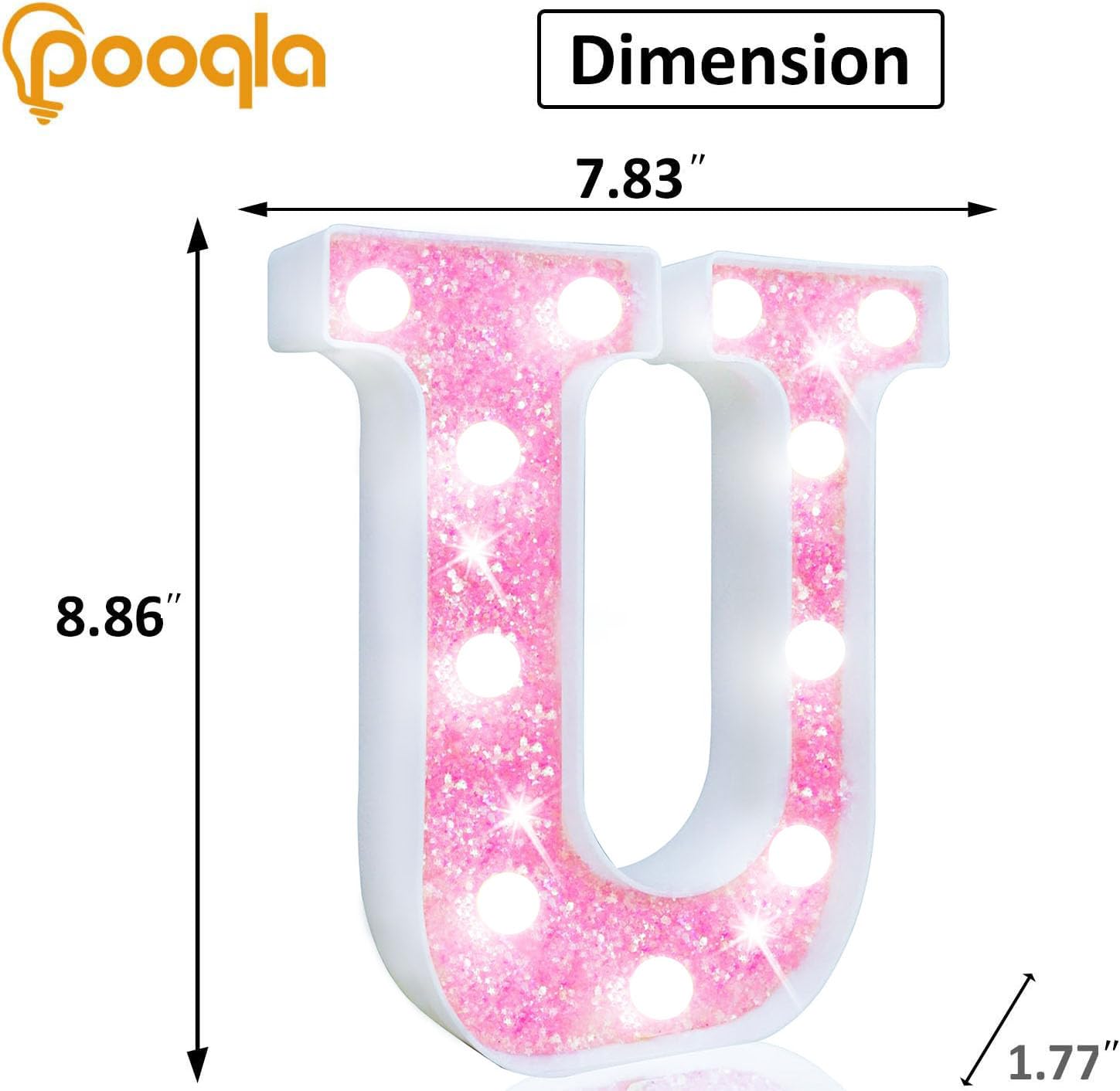 Pooqla Led Marquee Letter Lights  Light Up Pink Letters Glitter Letter Sign For Girls Gifts  Battery Powered For Night Light Birthday Party Wedding Home Bar Christmas Decoration  Cool White Pink U