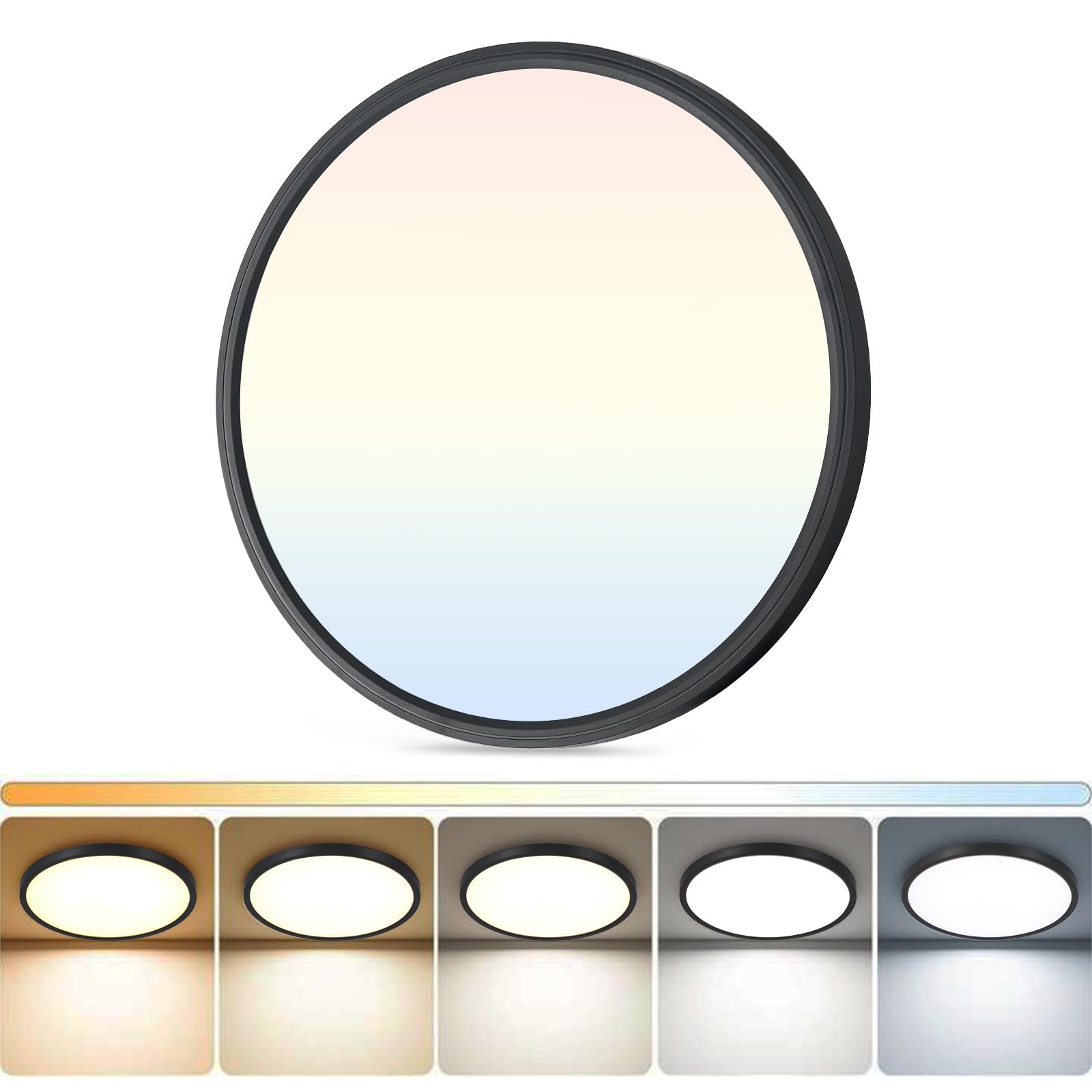 DINGLILIGHTING LED Flush Mount Ceiling Light, 12in Slim, Dimmable, 5CCT (2700-6000K), 24W, Black, Low Profile