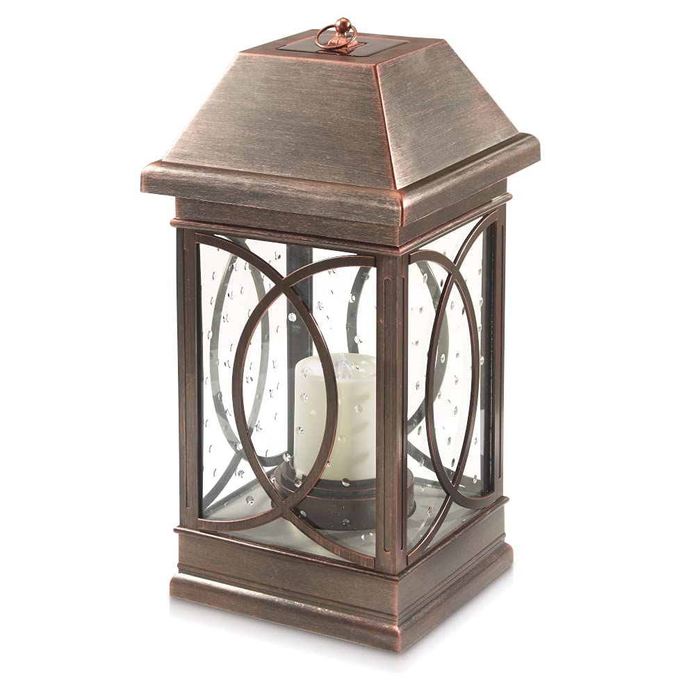 Smart Solar San Vincente Outdoor LED Solar Lantern with Hanging Loop and Real Seeded Glass Shade, Solar-Powered Hanging Lantern 