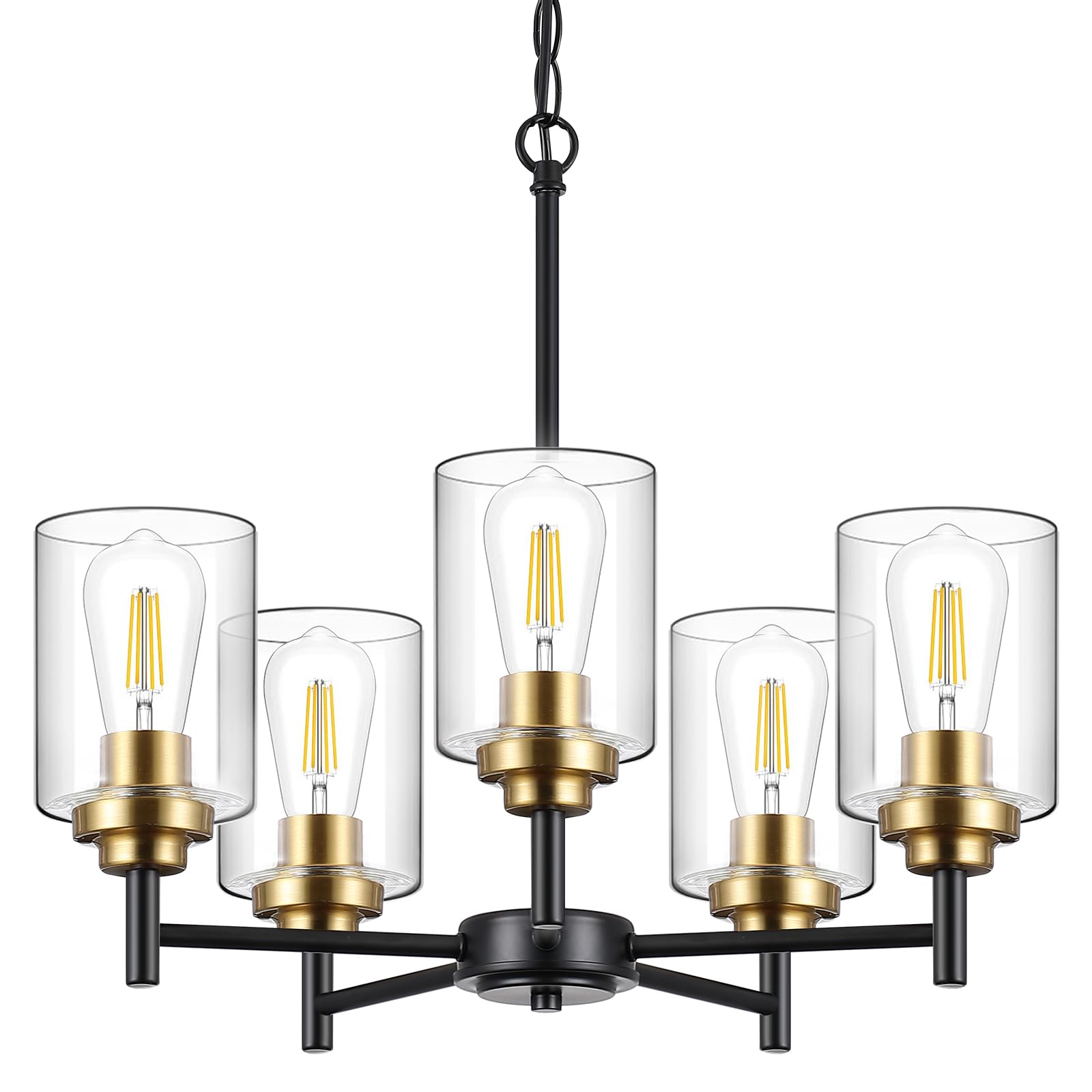 9MMML 5 Lights Glass Chandelier,Modern Kitchen Island Lighting Black and Gold Metal Dining Room Light Fixture for Living Room Fo