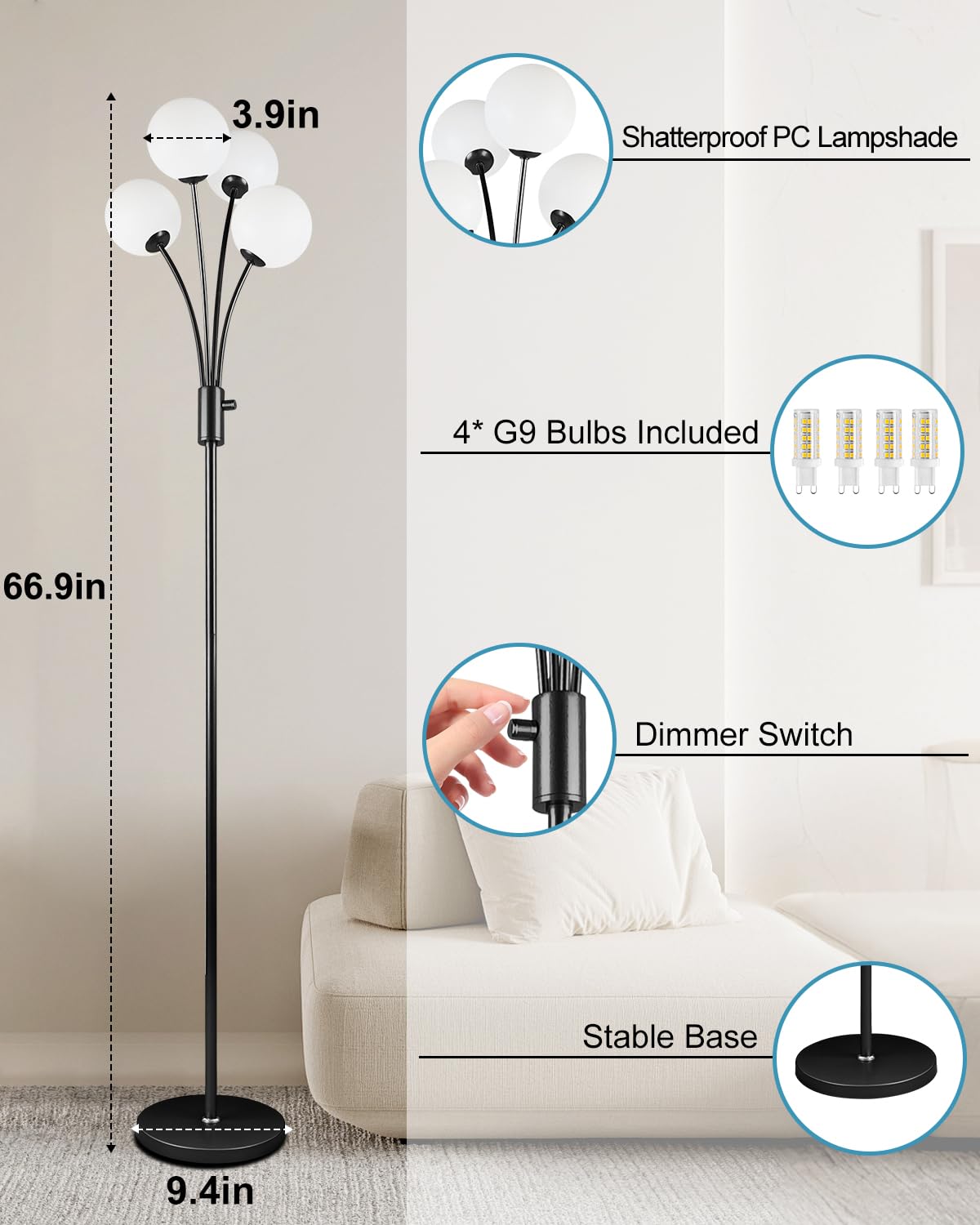Lightdot 67In Dimmable Globe Floor Lamp 4-Lights Black Standing Lamps With 4Pcs 3000K G9 Bulbs Soft Warm White Mid Century Moder