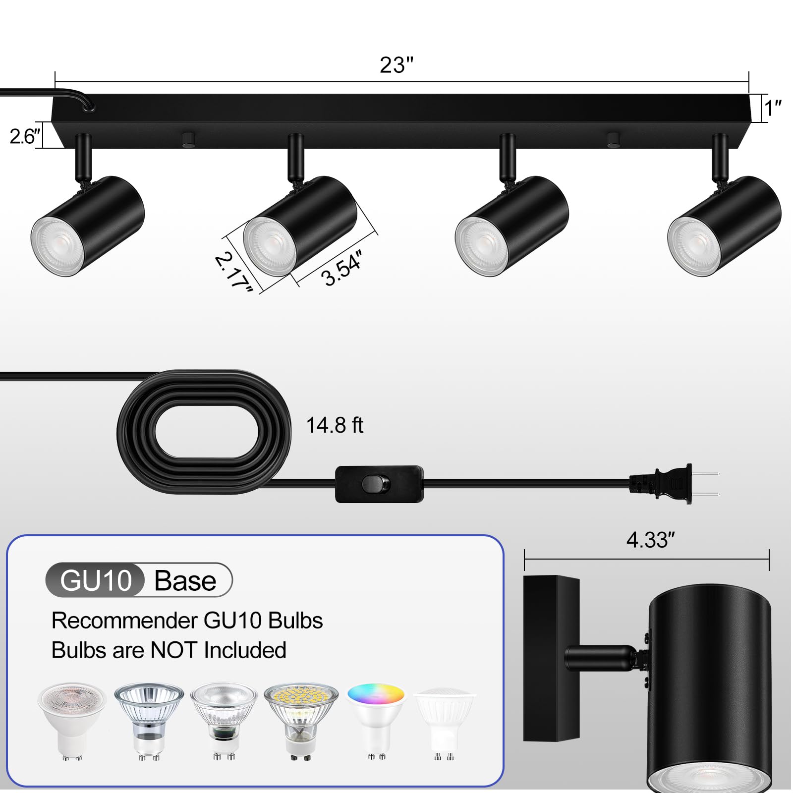 Boostarea Plug In Track Lighting, Led Track Light Kit, Black 4-Light Track Lights For Kitchen, 15 Ft Cord,4 Way Ceiling Spotligh