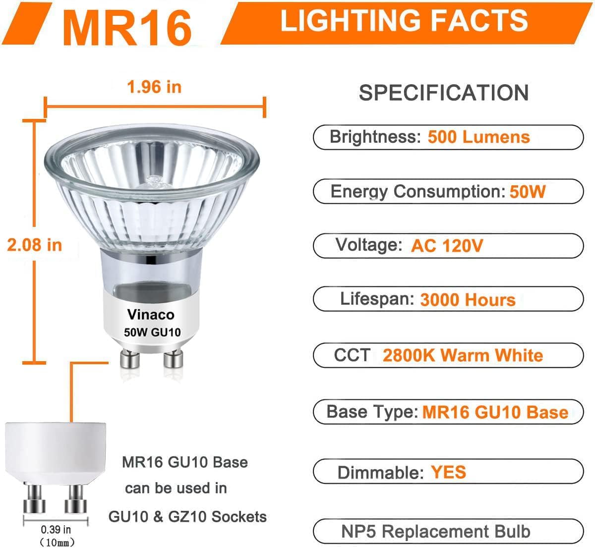 Vinaco GU10 Halogen Bulb 50W Dimmable Warm White 2800K Glass Cover, Pack of 6
