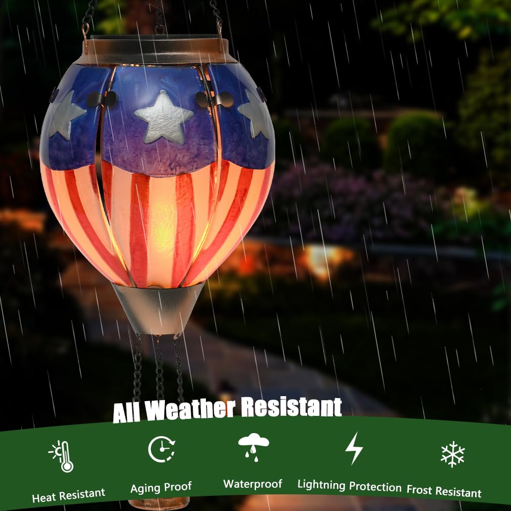 Hot Air Balloon Solar Lantern - U.S Flag Patriotic Glass Lantern  Simulated Flickering & Dancing Flame  Outdoor Hanging Yard Light Waterproof Ip65  Ideal 4Th Of July Gift For Patriot Patio Decor