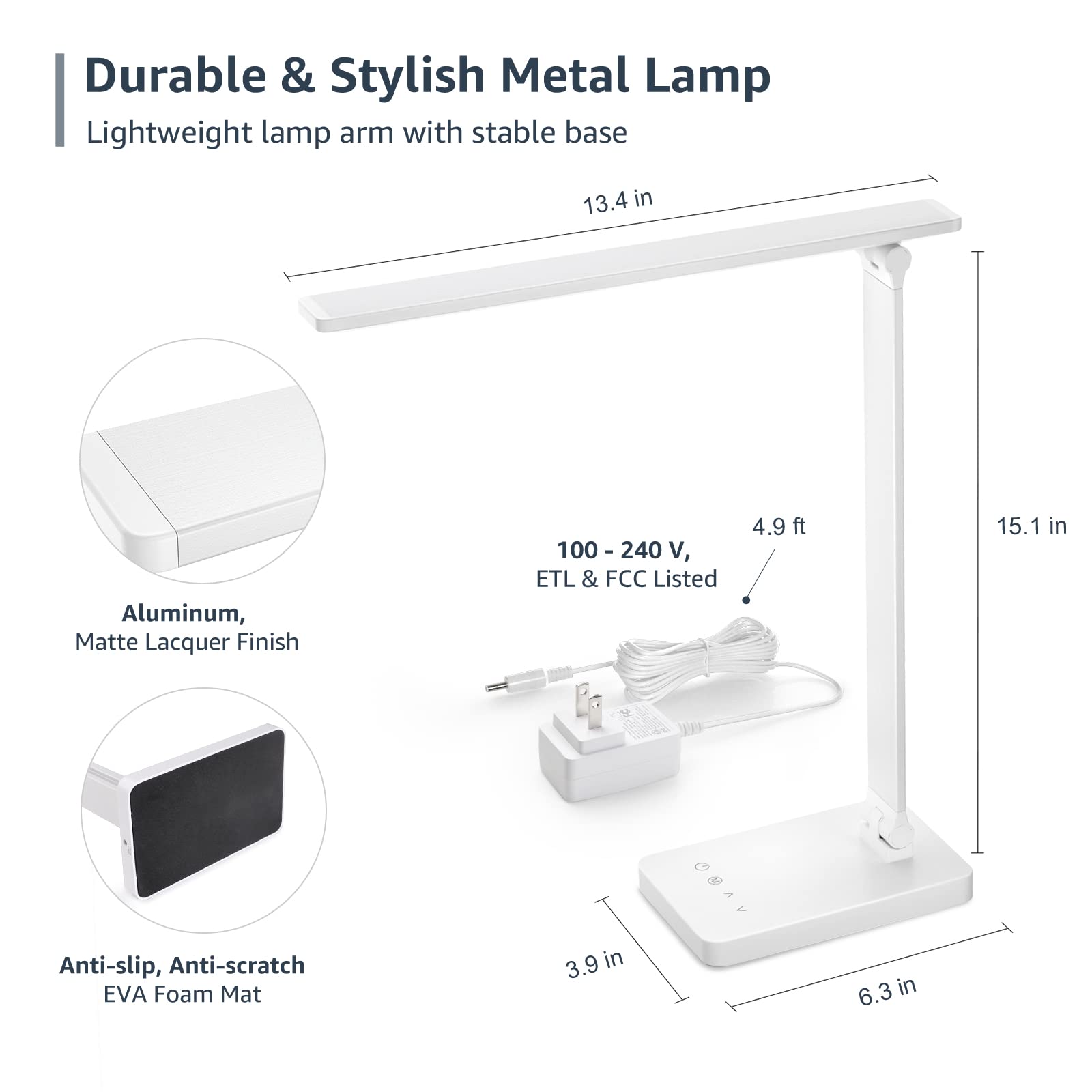 Lepro LED Desk Lamp, Dimmable 9W 550lm, Touch Control, 3 Color Modes, Metal, White, Model PR310001-DWW