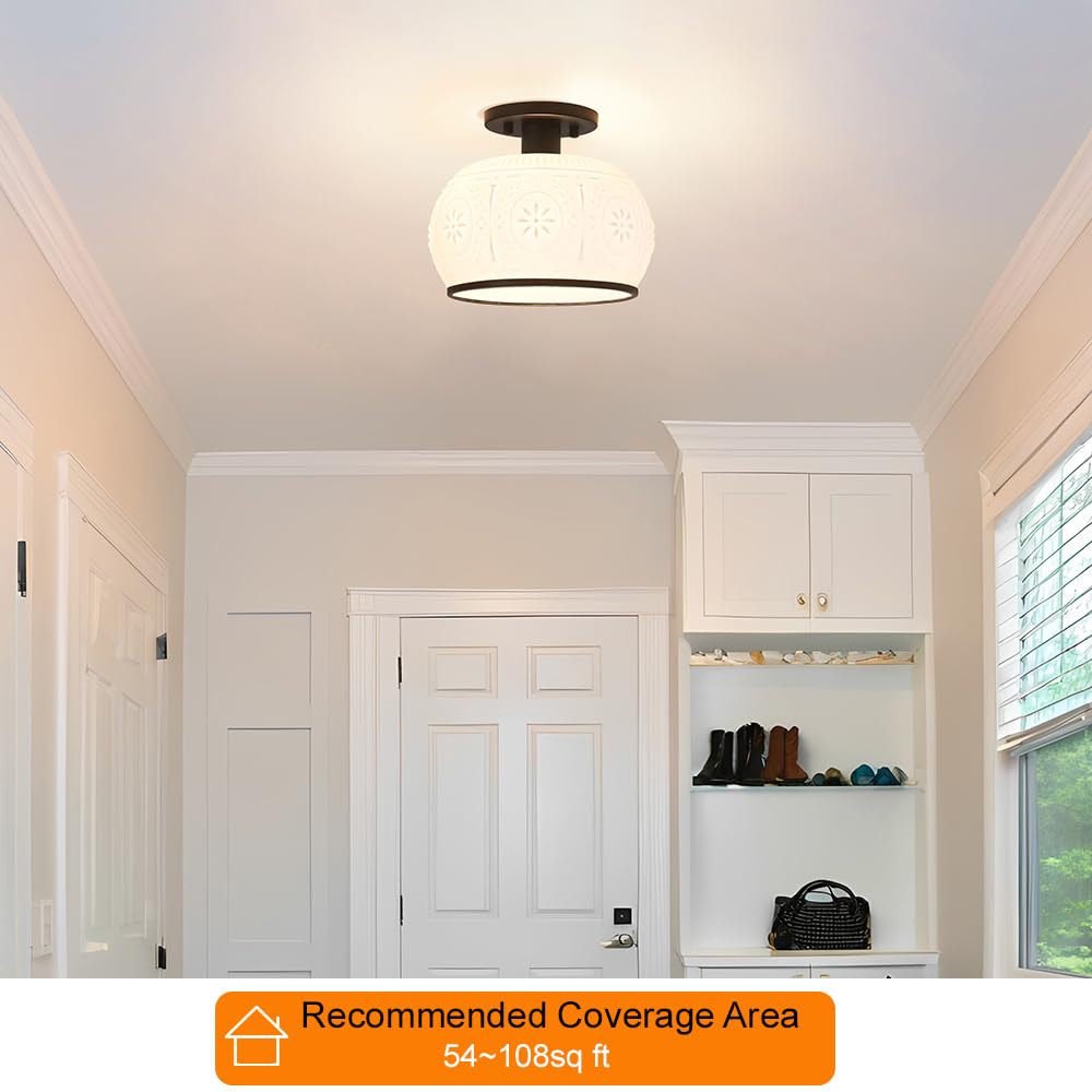 Oiyio Matte Black Semi Flush Mount Ceiling Light With Milk Glass Shade  Hallway Lighting Fixtures  Vintage Ceiling Light For Kitchen  Bedroom  Closet  Entryway  Porch