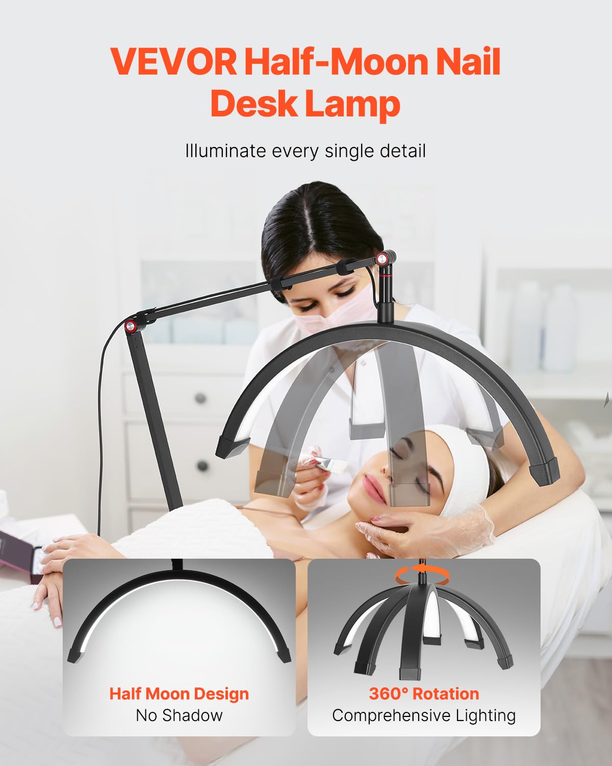 VEVOR Nail Desk Light, 20 W Clip on Half Moon Lash Light with Phone Holder, Adjustable Brightness and Color Temperature, Arched