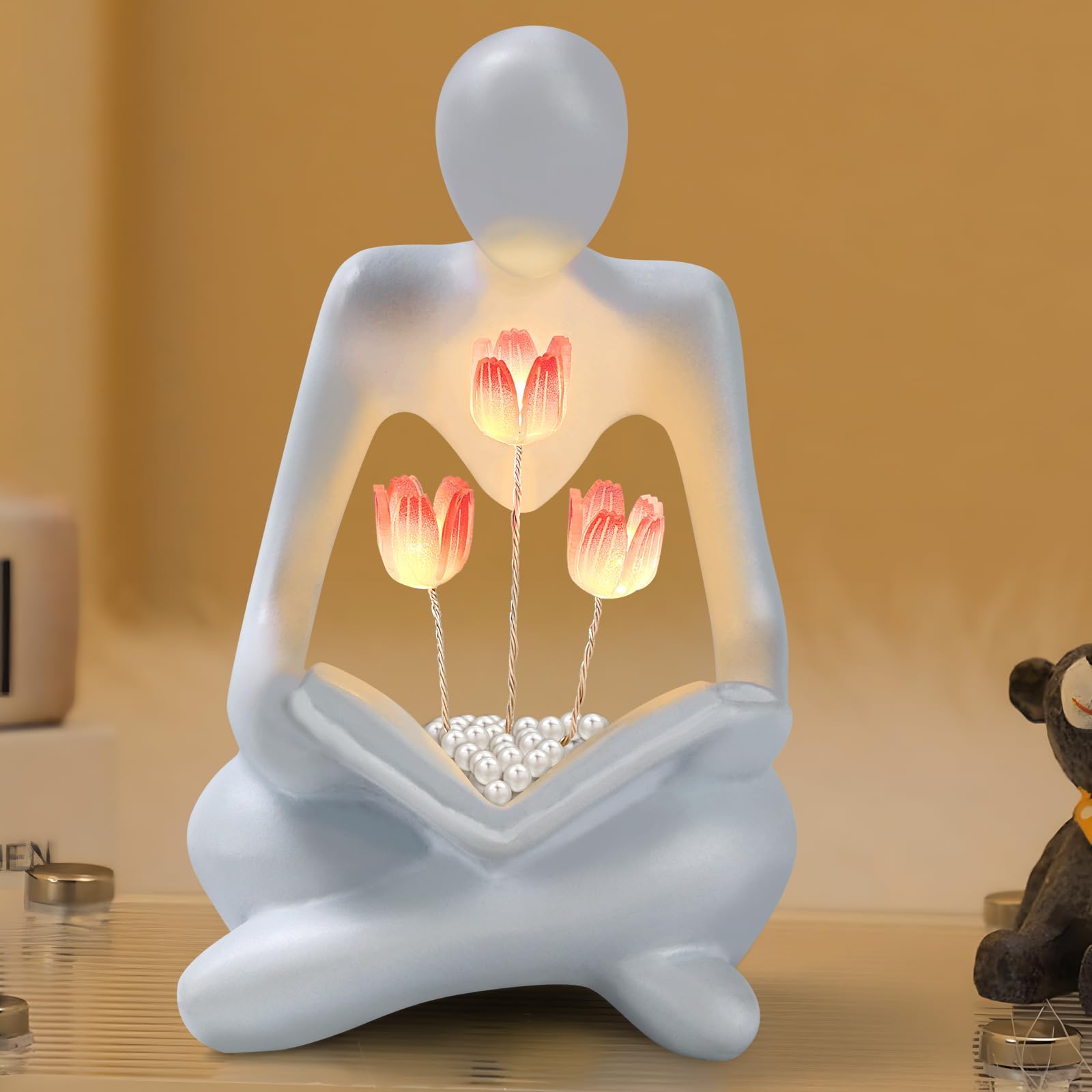 Tulip Night Light Sculpture for Bookshelf Library Decor, Modern Resin Thinker Statues Aesthetic Minimalist Shelf Decor for Women