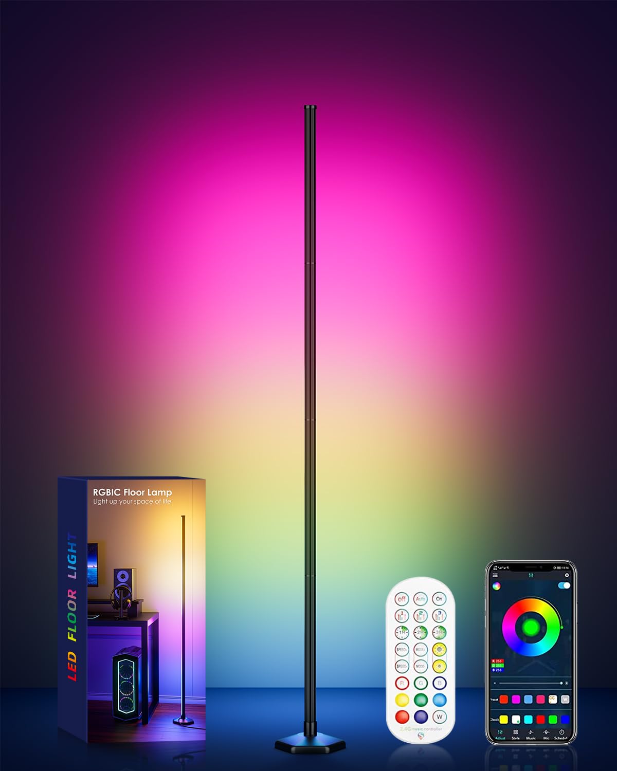 YIKBIK RGB Floor Lamp, 65in Color Changing LED, Music Sync, Bluetooth, Aluminum, 16 Million Colors, Remote Control, 1PC