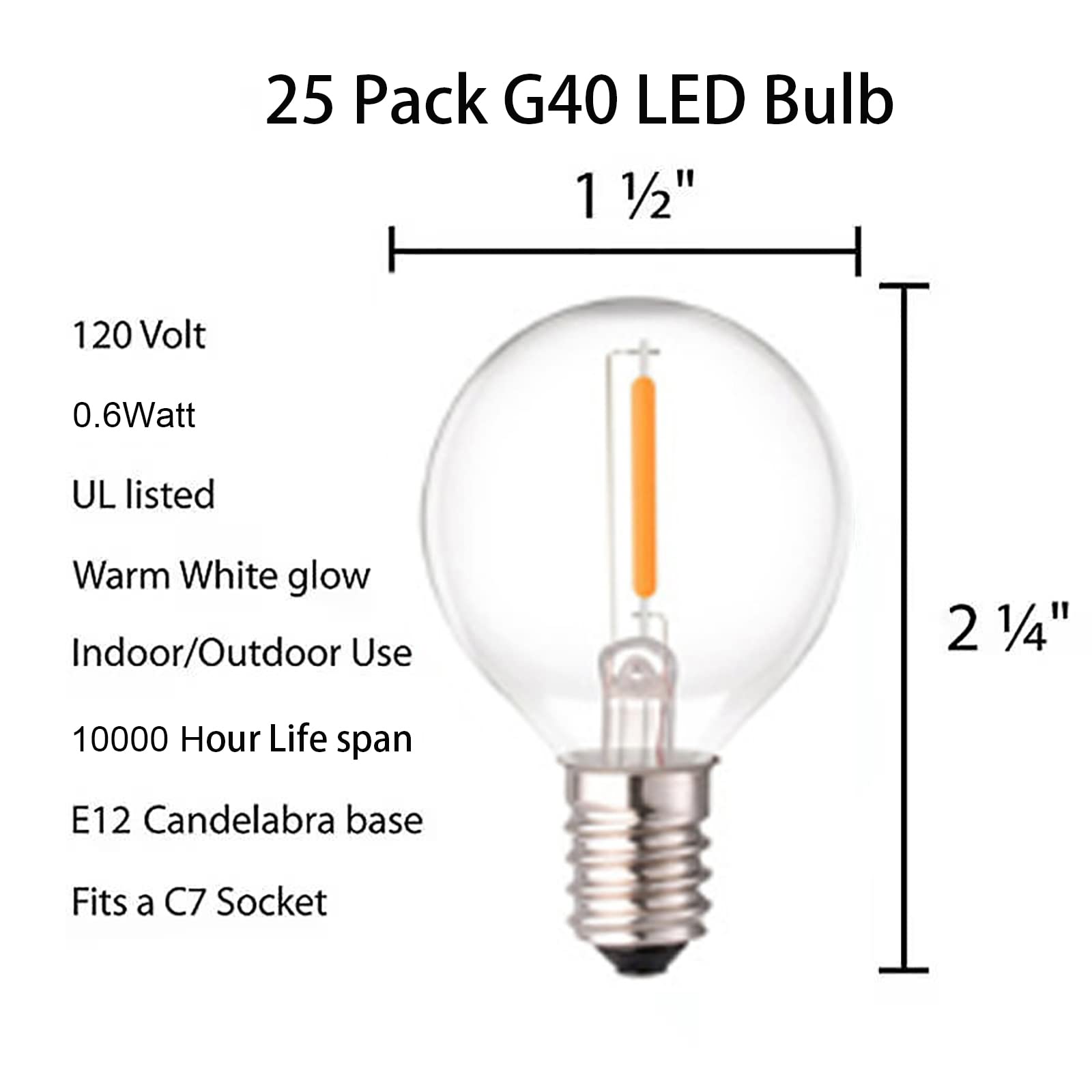 CHYParty G40 LED Globe Bulbs, Dimmable E12 Candelabra Base, Shatterproof, Warm White, 25 Pack