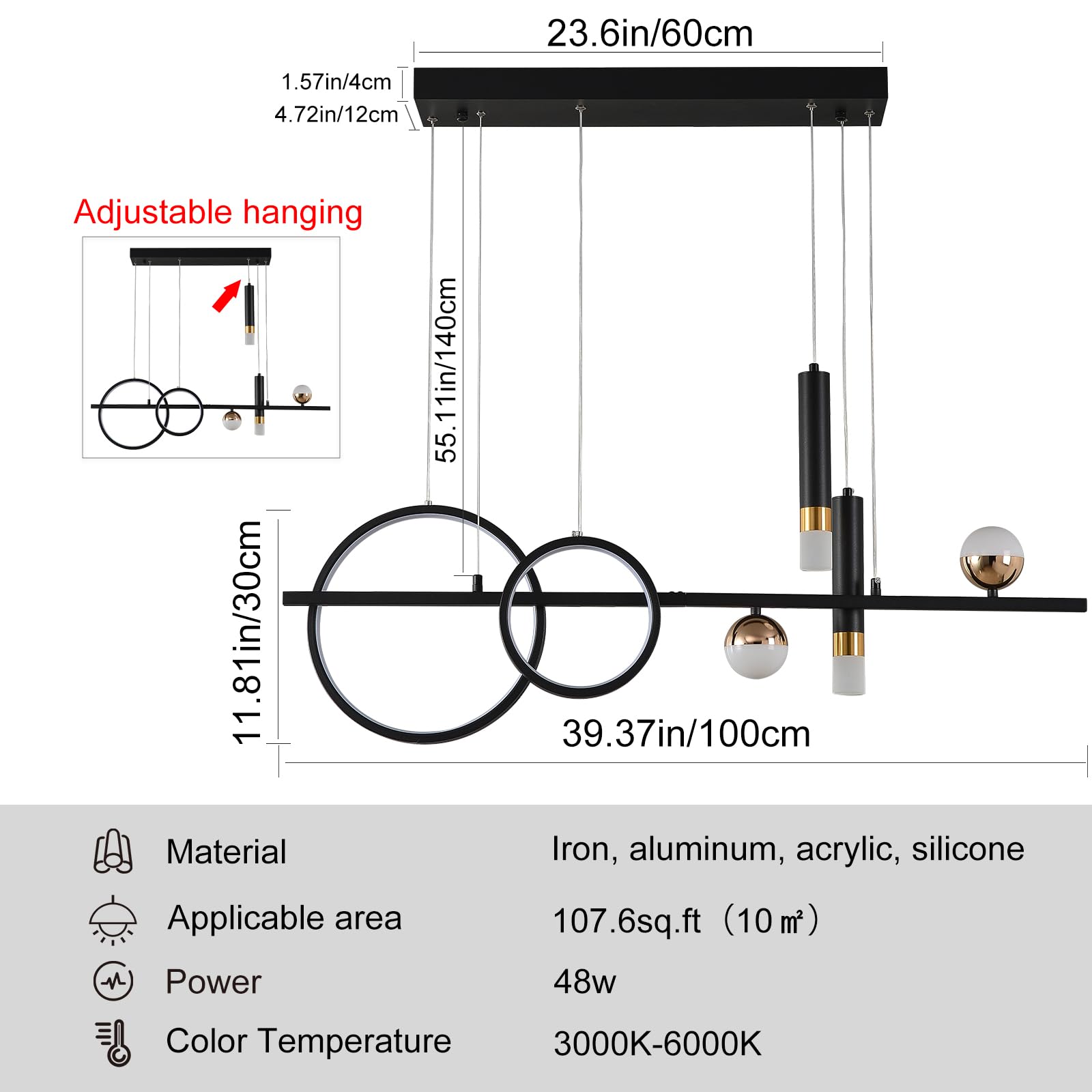 Siittoo Modern Dimmable LED Linear Pendant Light, 39.4IN, Black Gold, Model FM7449, Remote Control, Ideal for Dining Room and Kitchen Island