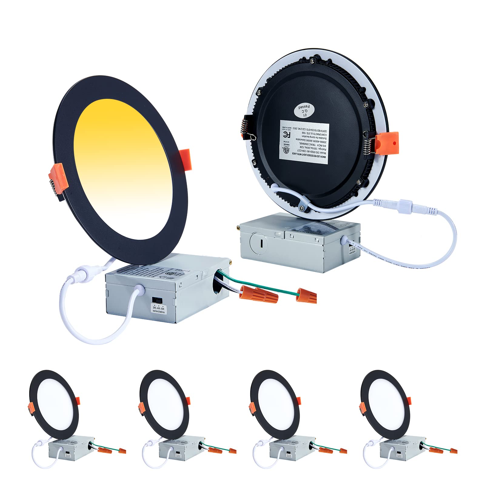 CycevSun Canless Recessed Lights, 6 Inch, Dimmable, 3000K/4000K/5000K, Black, 12W, ETL, IC