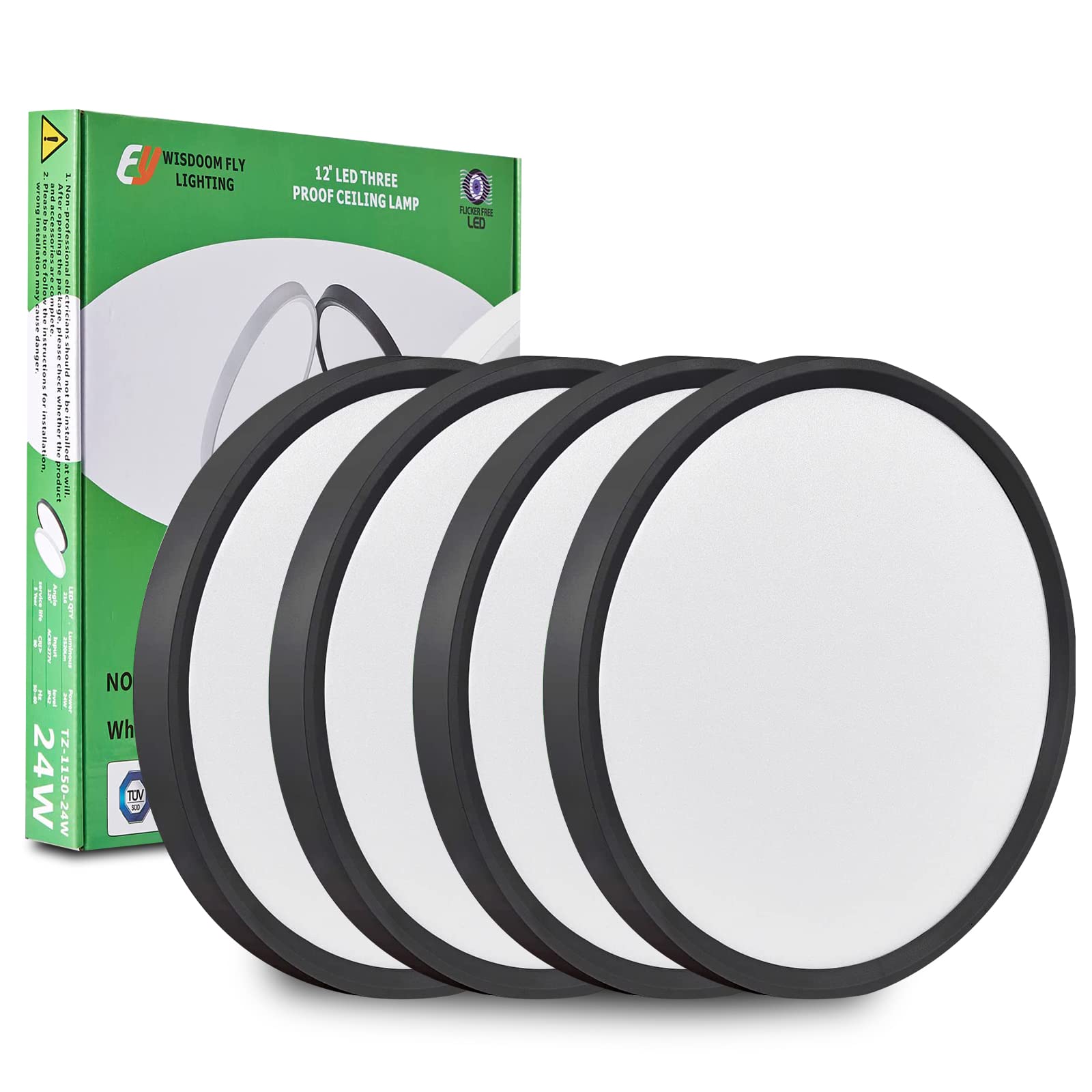4Pk 12 Inch Led Flush Mount Ceiling Light, 24W, 2520Lm, 3000K/4000K/6000K Cct Selectable, Round Flat Panel Light Low Profile Ceiling Light Fitures For Hallway, Kitchen, Bedroom, Laundry Room, Black