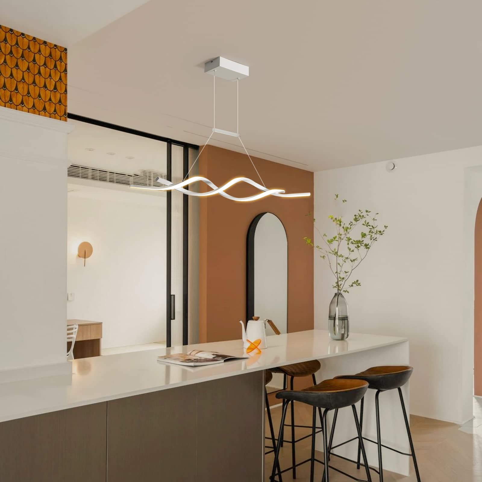 Jaycomey Modern Pendant Light, Dimmable LED Chandelier, Wave Shape, 28W, 3000-6000K, White, Model SFM-19009-100-WJ