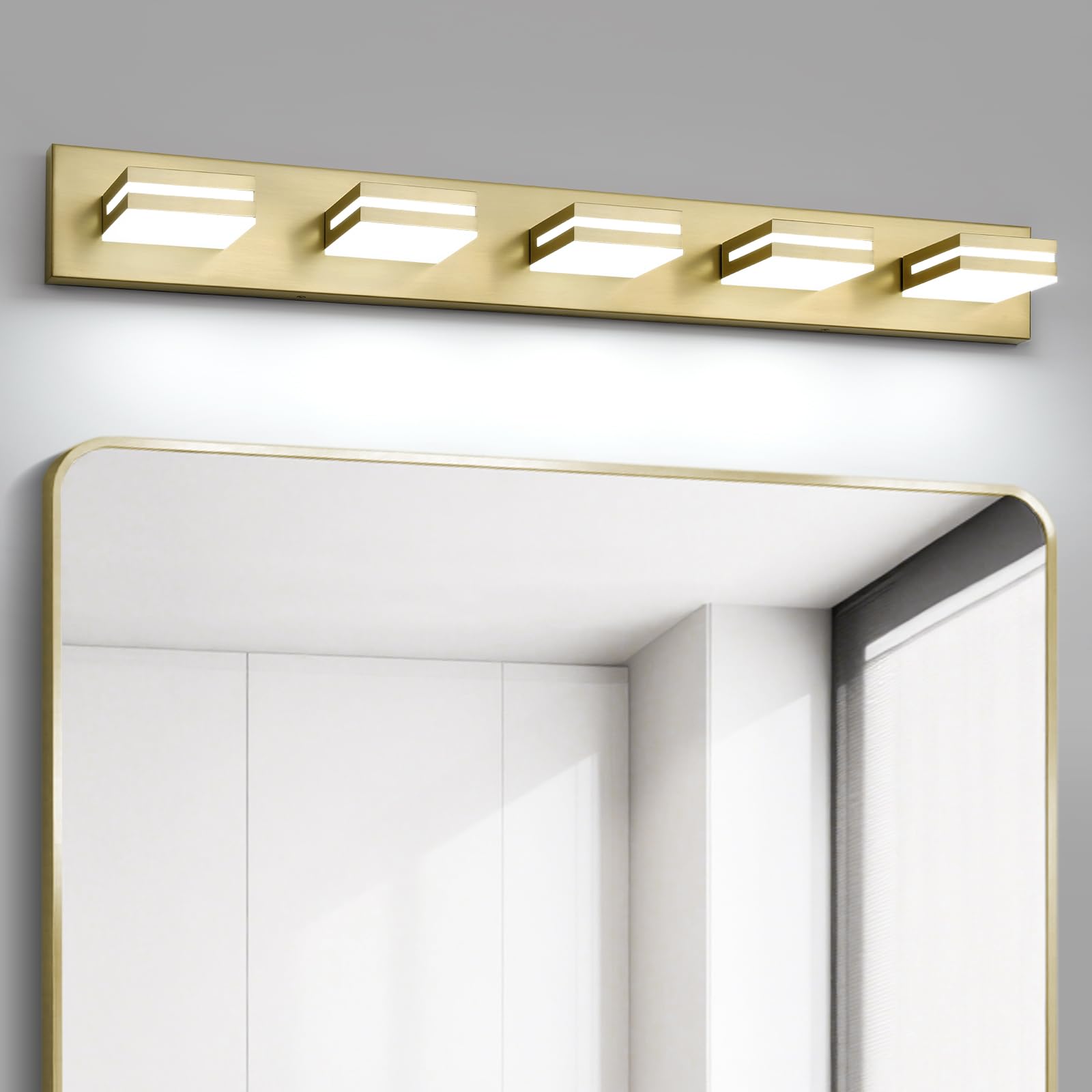 OKELI 5-Light Bathroom Vanity Light Dimmable LED 32W 36.2 Inch Gold Modern Over Mirror, Model OK-9553-5T-GL