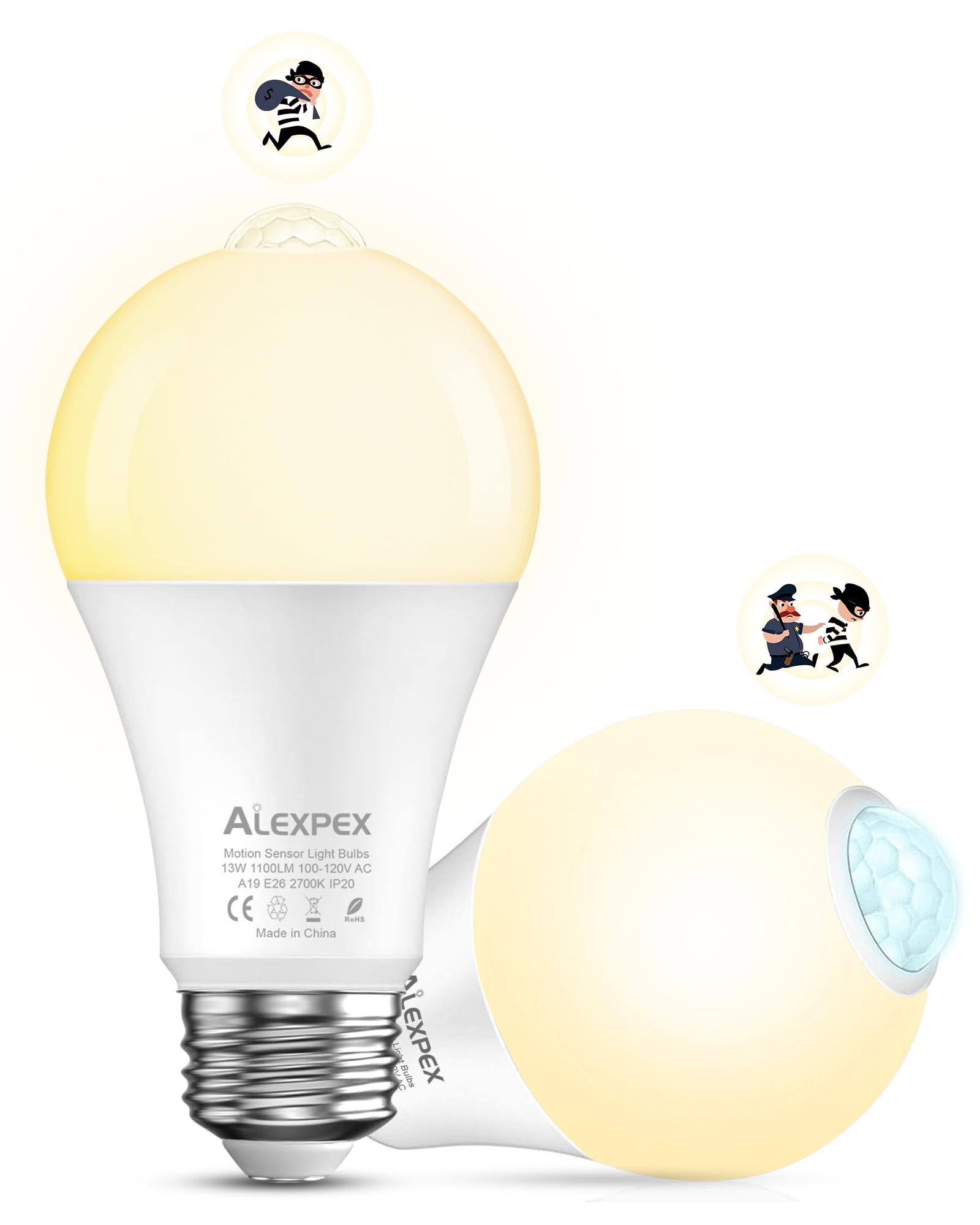 ALEXPEX Motion Sensor LED Light Bulbs 13W (100W Equiv) 1100lm 2700K Warm White 2 Pack, Model QP6012SA