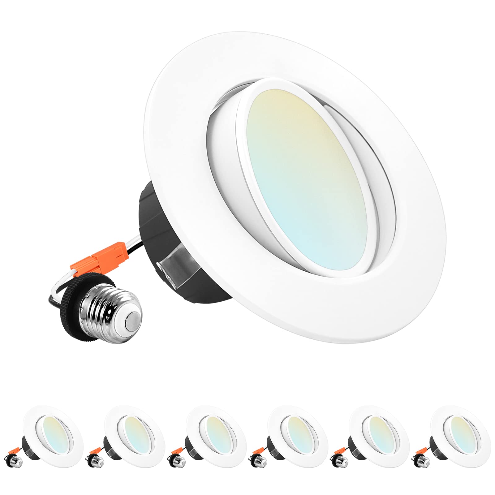 LUXRITE Gimbal LED Recessed Lighting, 8W=60W, Dimmable, 700 Lumens, 5 Color Selectable, 6 Pack, White, Model