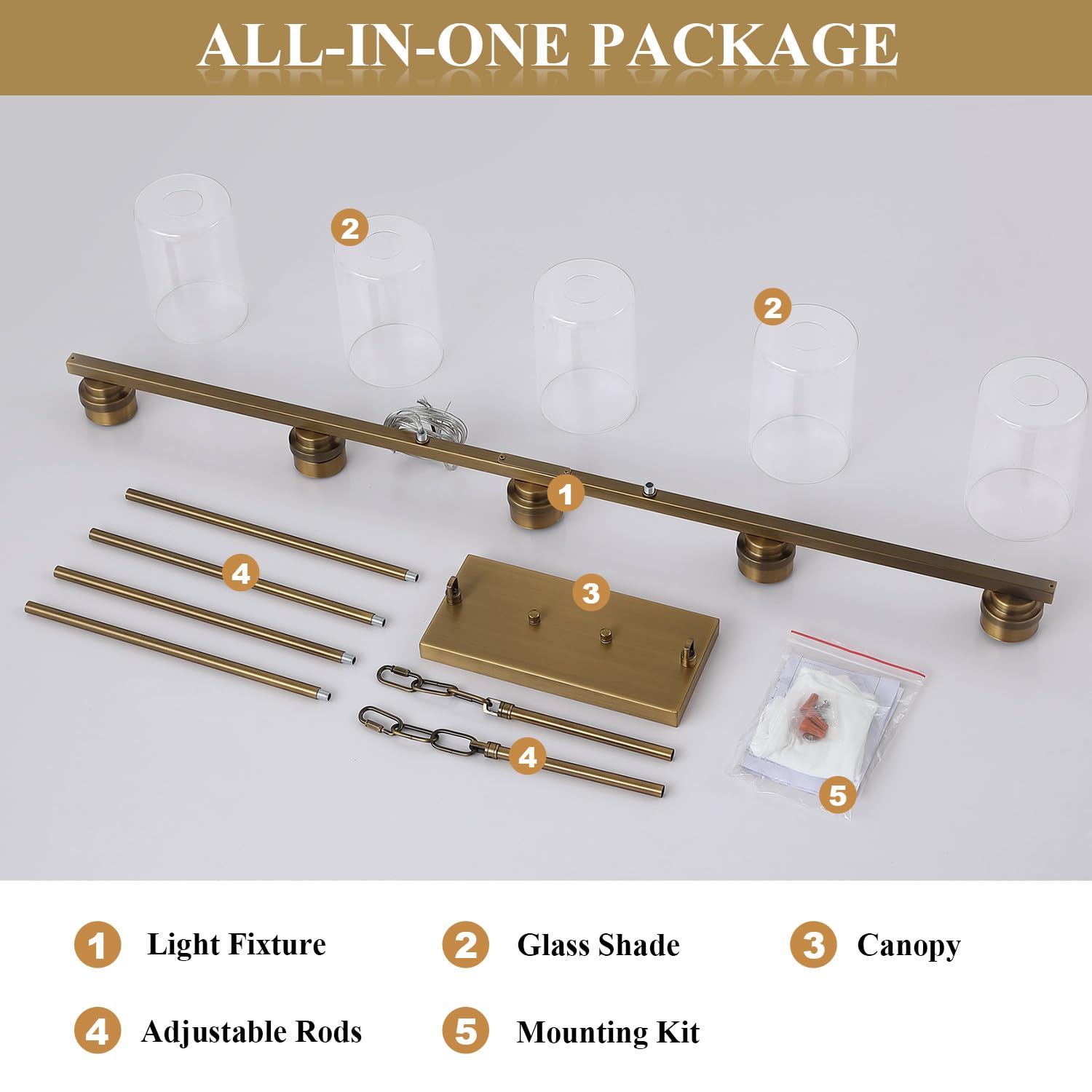Mecgirn 5-Light Linear Chandelier Pendant Light, Brushed Brass Metal Fixture for Kitchen Island & Dining Room, Model D0017-5-Brass
