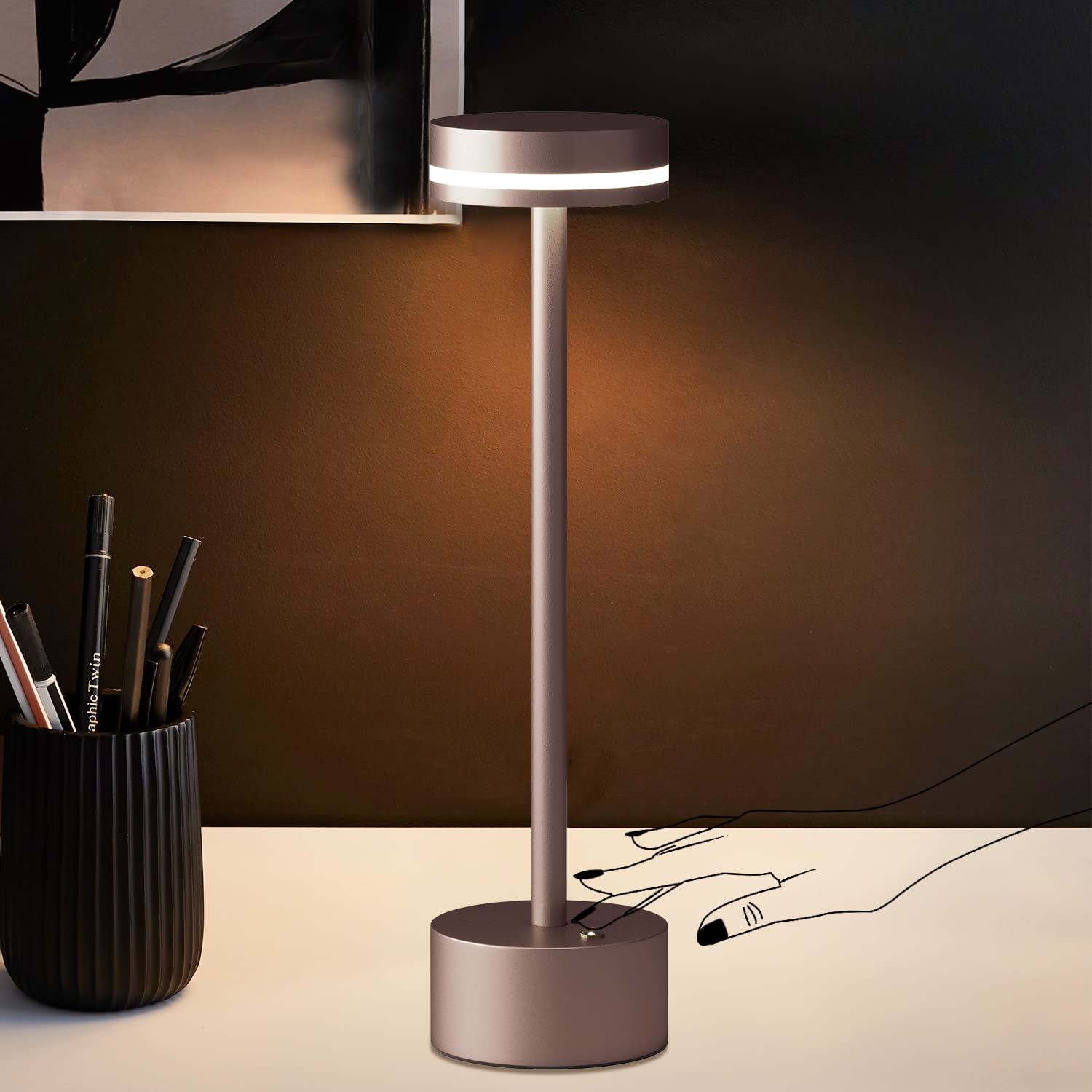 Modern Led Rechargeable Cordless Table Lamp With Touch Sensor, Aluminum Shell, 4000Mah Certified Battery, 3 Levels Brightness, Usb-C Charging Port, 3000K Portable Metal Bedside Lamp (Brown)