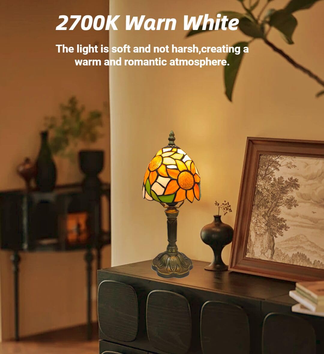 BMXKPO Tiffany Style Table Lamp, 6 Inch Stained Glass Bedside Lamp, 2700K Dimmable LED Bulb Included, Antique Design