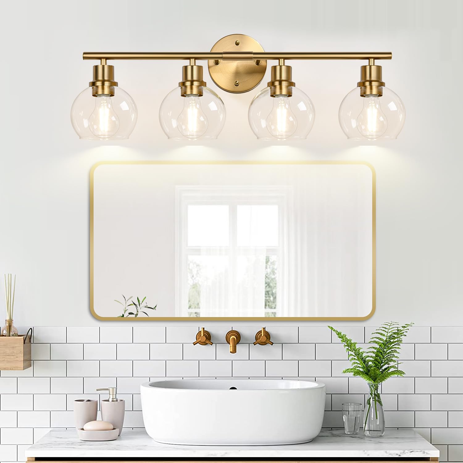 4-Light Bathroom Light Fixtures 2024 Upgrade, Gold Modern Vanity Lights Over Mirror With Clear Glass Globe Shade, Bathroom Wall