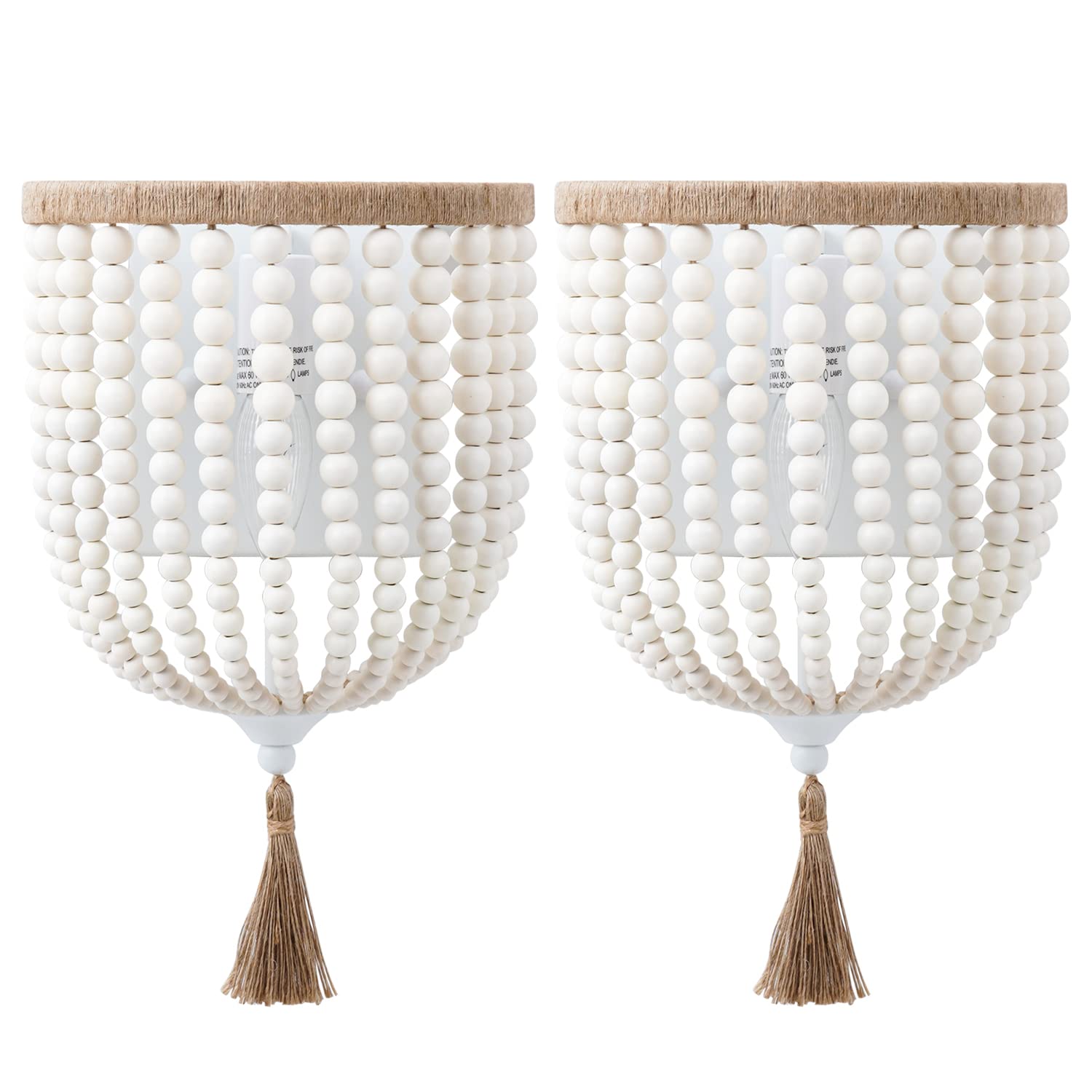 VILUXY Wall Sconces, Wood Beaded Antique Rustic Lighting Fixture, 2 Pack, White Finish, Model SUVELAM