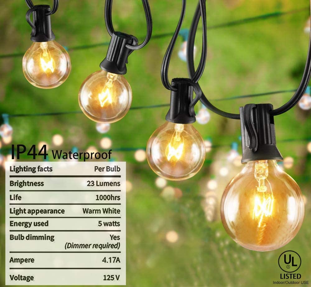 SUNSGNE G40 Outdoor String Lights, 100 Ft, Waterproof, 105 Clear Edison Bulbs, Black Wire, Ideal for Indoor/Outdoor Decor