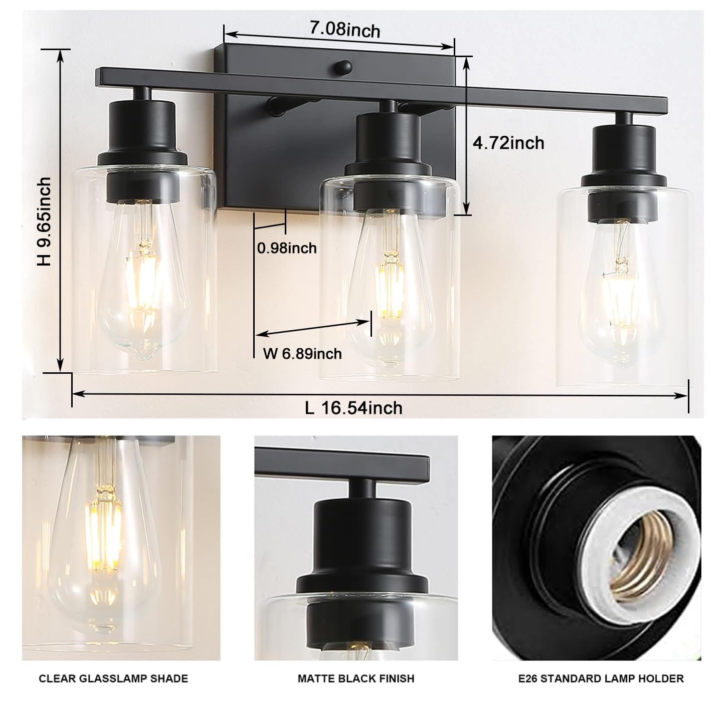 Filimitiy Bathroom Vanity Light Fixtures, 3-Light Matte Black Bathroom Lights, Wall Sconces With Clear Glass Shade For Hallway F