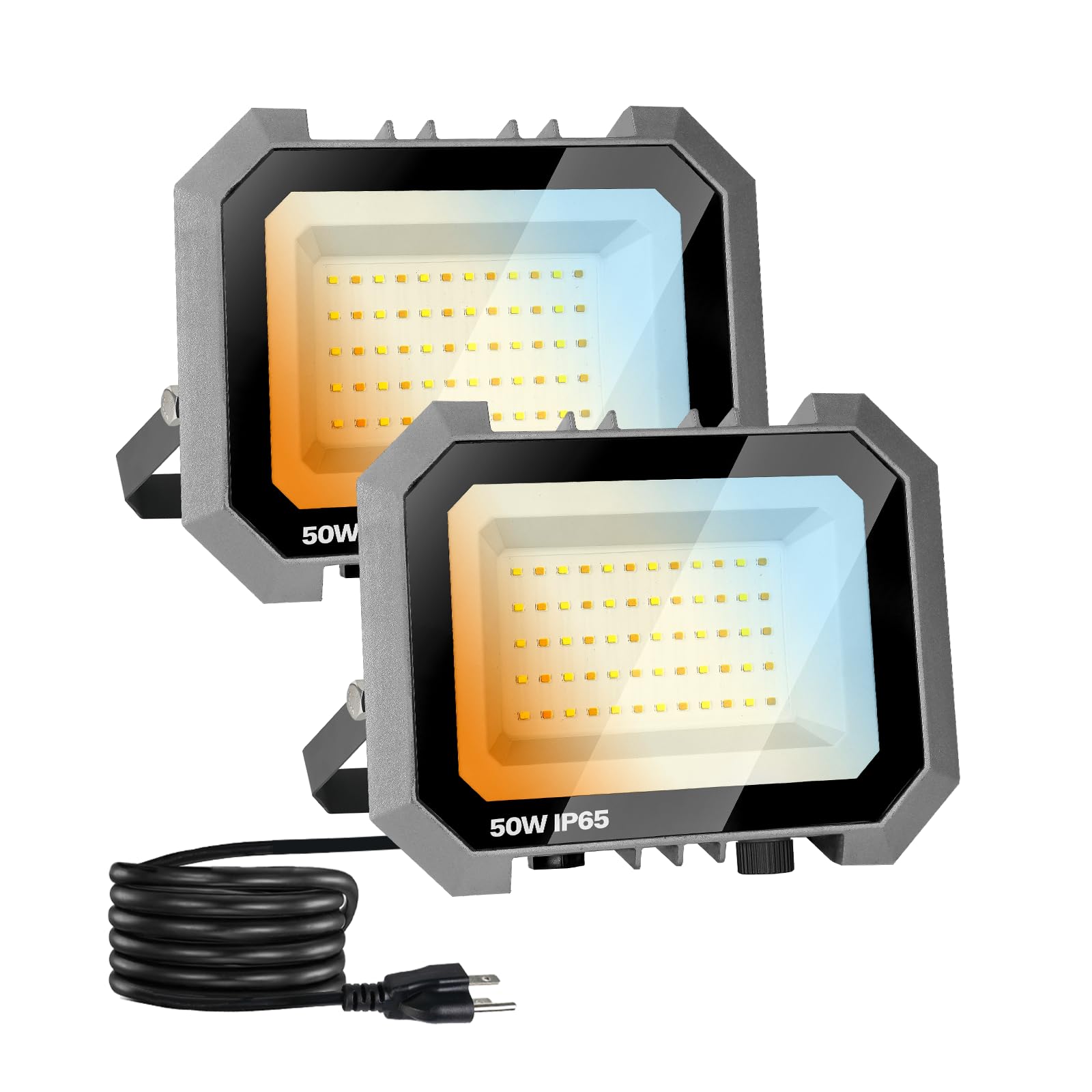 Leddictive 2 Pack 50W LED Flood Lights Outdoor, 3CCT 3000/4000/6000K Selectable 5000LM Floodlight Outside Work Light with 5.9FT 