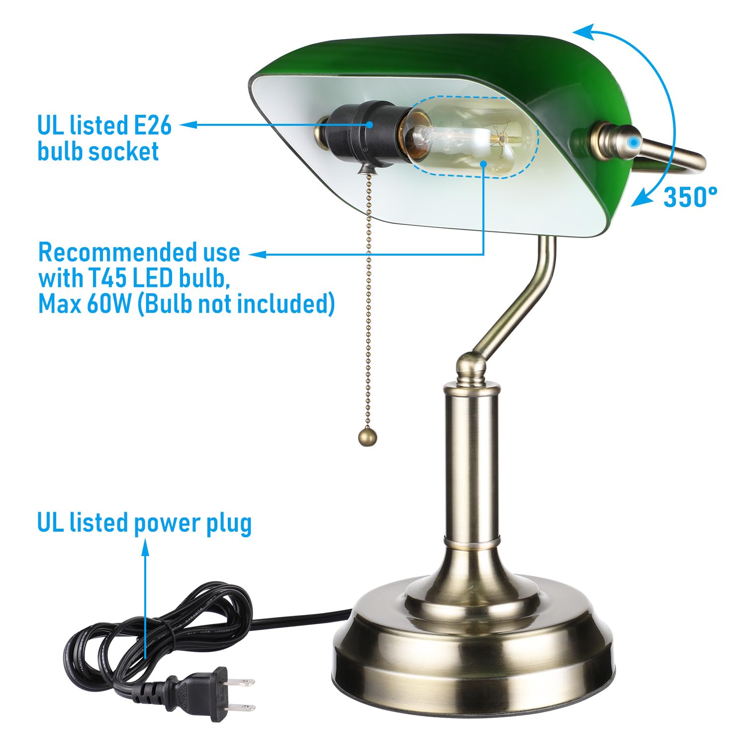 TORCHSTAR Green Glass Bankers Desk Lamp, Antique Brass Base, UL Listed, E26, 6 ft, Vintage Design for Office & Study Room