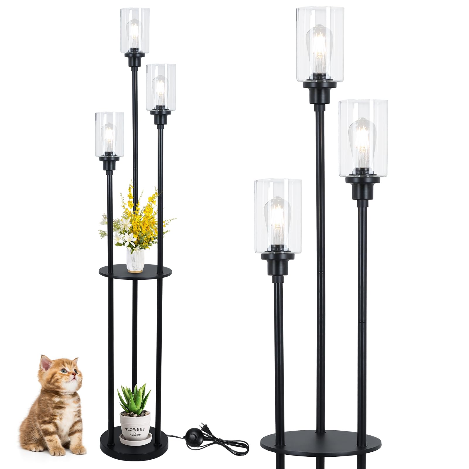 HMVPL Floor Lamps for Living Room, 3-Lights Modern Floor Lamp with Shelves, Farmhouse Standing Lamp with Glass Shades, On/Off Fo