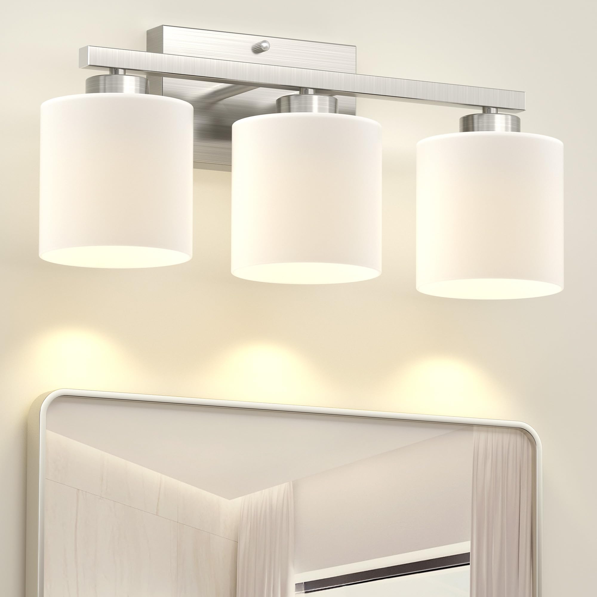 Honesorn 3-Light Bathroom Vanity Light, Brushed Nickel, Frosted Shade, Model TK-JQD-MS-YS-3, Anti-Rust Nickel Finish