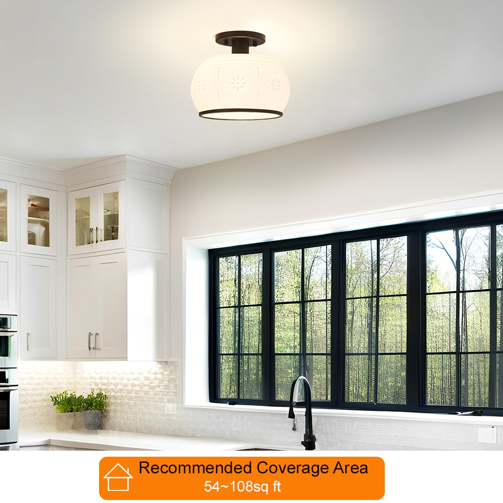 Oiyio Matte Black Semi Flush Mount Ceiling Light With Milk Glass Shade  Hallway Lighting Fixtures  Vintage Ceiling Light For Kitchen  Bedroom  Closet  Entryway  Porch