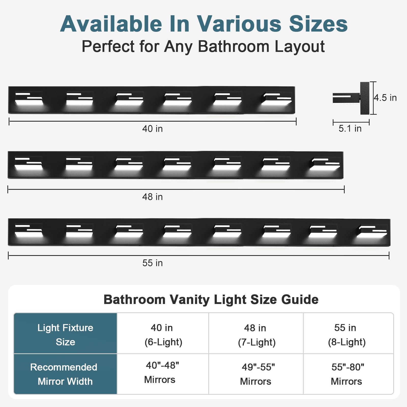 Lkhf Led Modern Bathroom Vanity Light Fixtures  7-Light 48-Inch Dimmable Matte Black Vanity Lights For Bathroom Lighting Fixtures Over Mirror  With 350?Rotatable Acrylic Heads (Cool White 6000K)