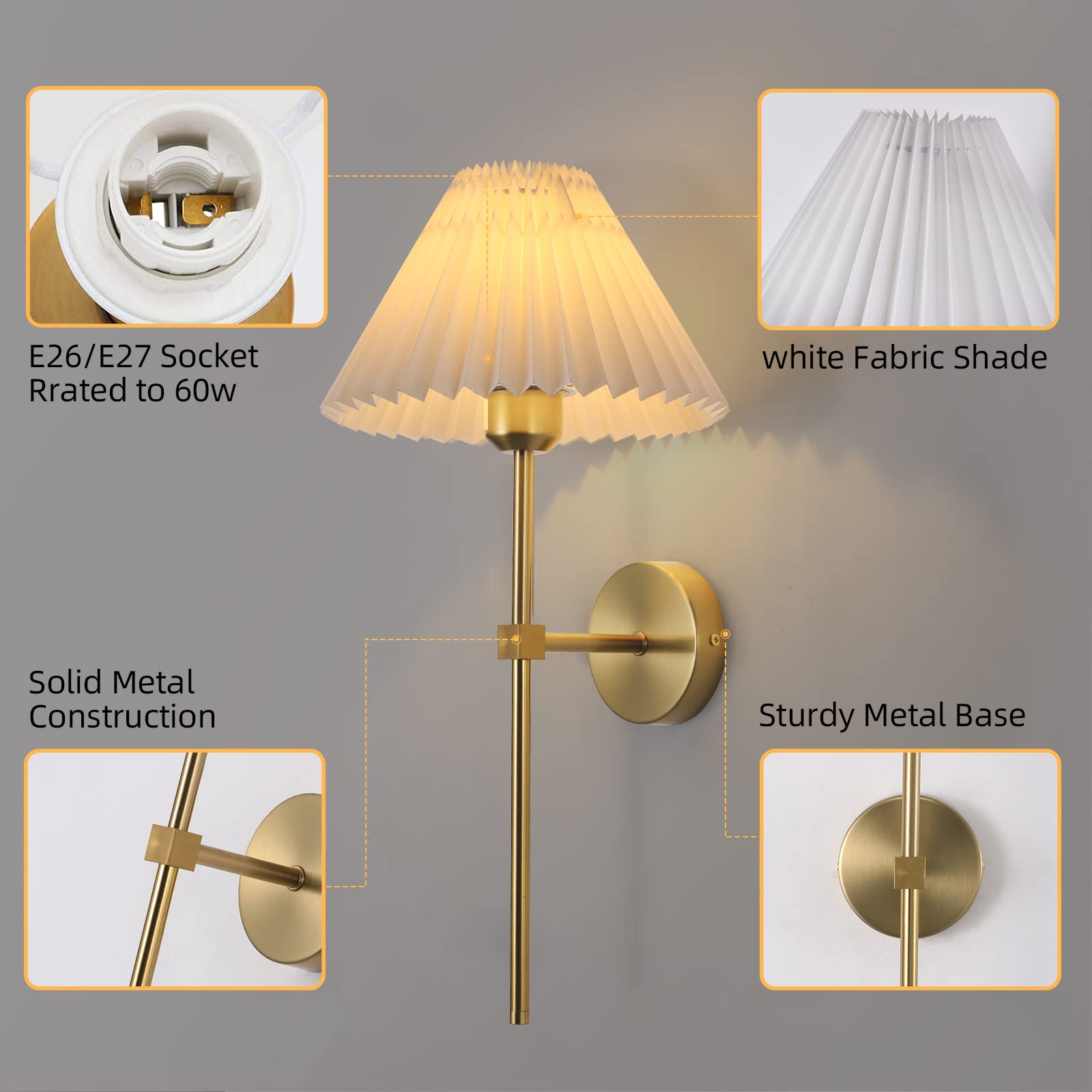 Keluoly Wall Sconces Sets Of 2 White Fabric Lampshade Gold Wall Lamp Column Bracket Wall Lighting Bathroom Dresser Hardwired Lamp Applicable To Living Room Bedroom Dining Room