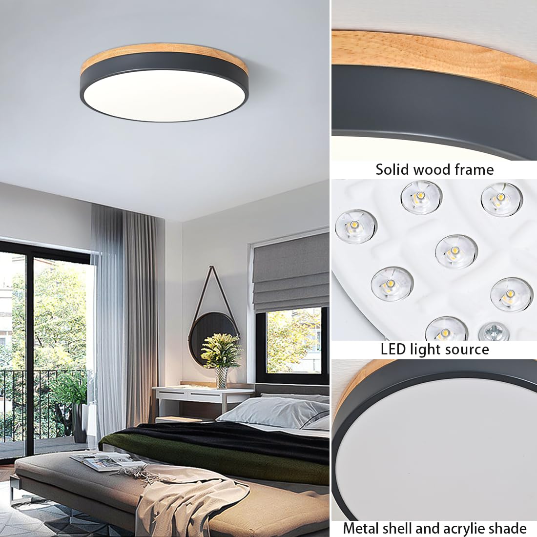 Goomavi Dimmable Wood Led Close To Ceiling Light, Modern 2700K-6000K 5Cct Round Grey Flush Mount Ceiling Light Fixtures, Minimalist Ceiling Lamp For Living Room, Dining Room, Bedroom, Kitchen-15.8In