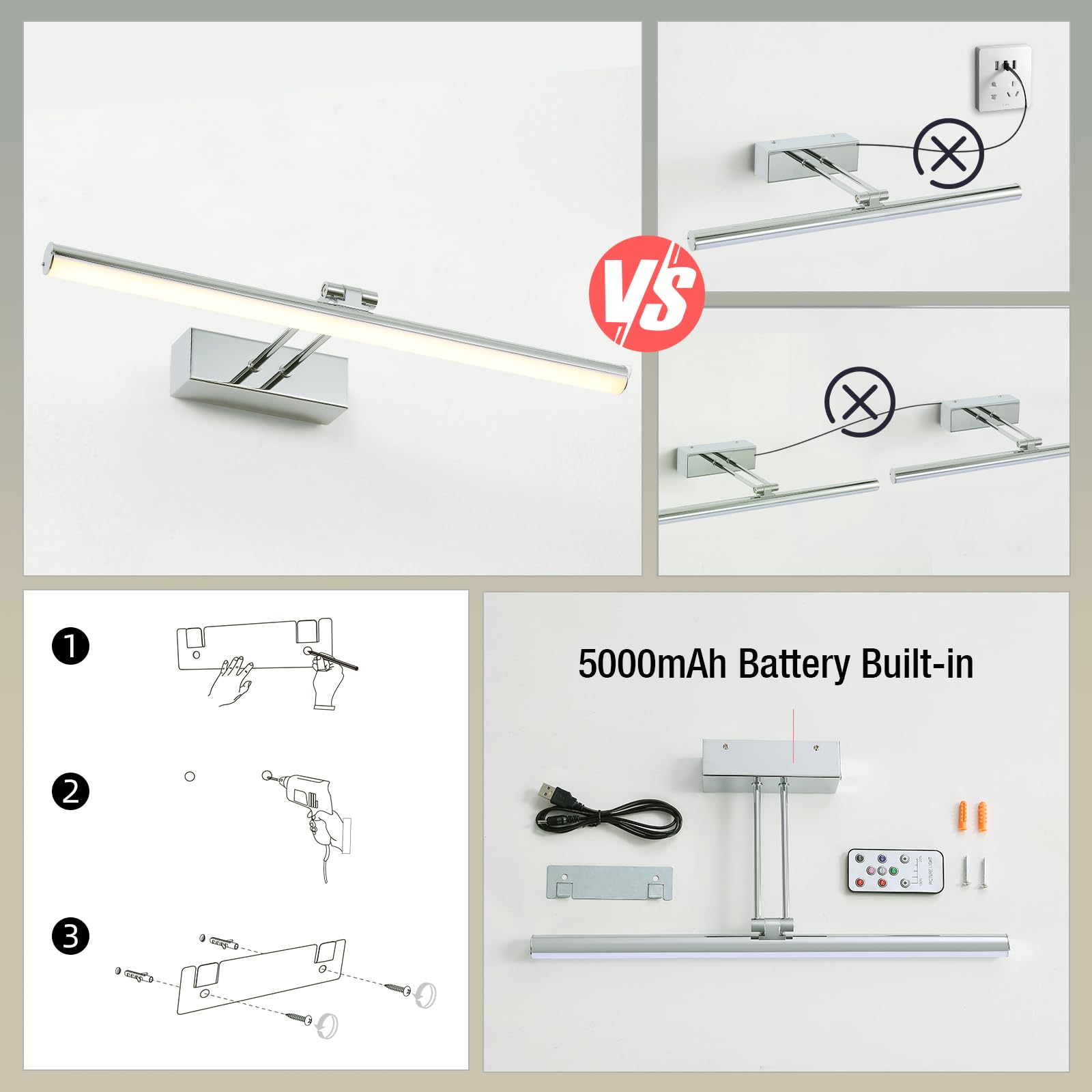 HOWMZON Battery Picture Light, 16in Wireless Art Light, Full Metal, Chrome, Model HW2309