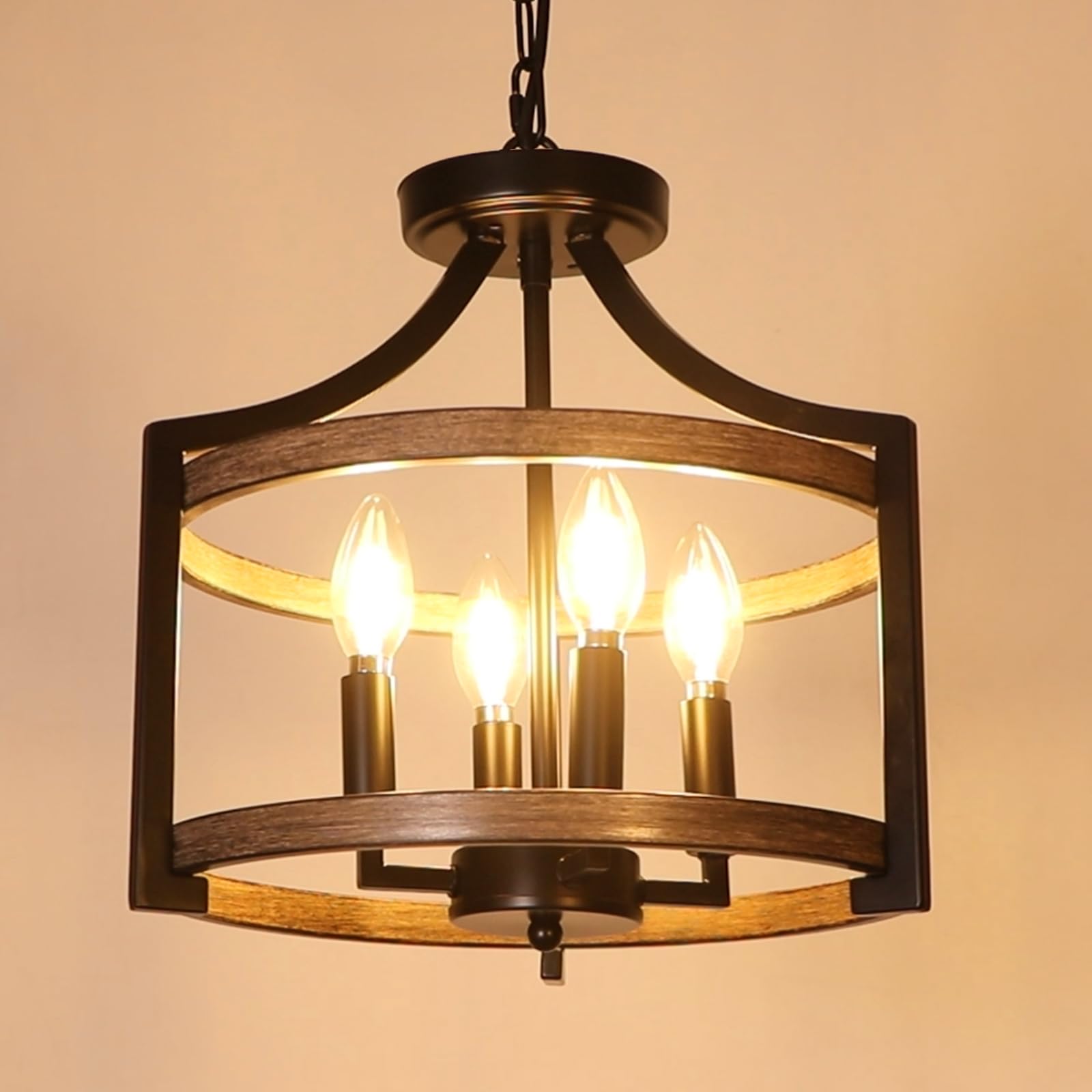 WBinDX 4-Light Farmhouse Chandelier, Rustic Metal Pendant Light, Black Faux Wood, Model WB128S-4BW, Ideal for Dining Room & Entryway