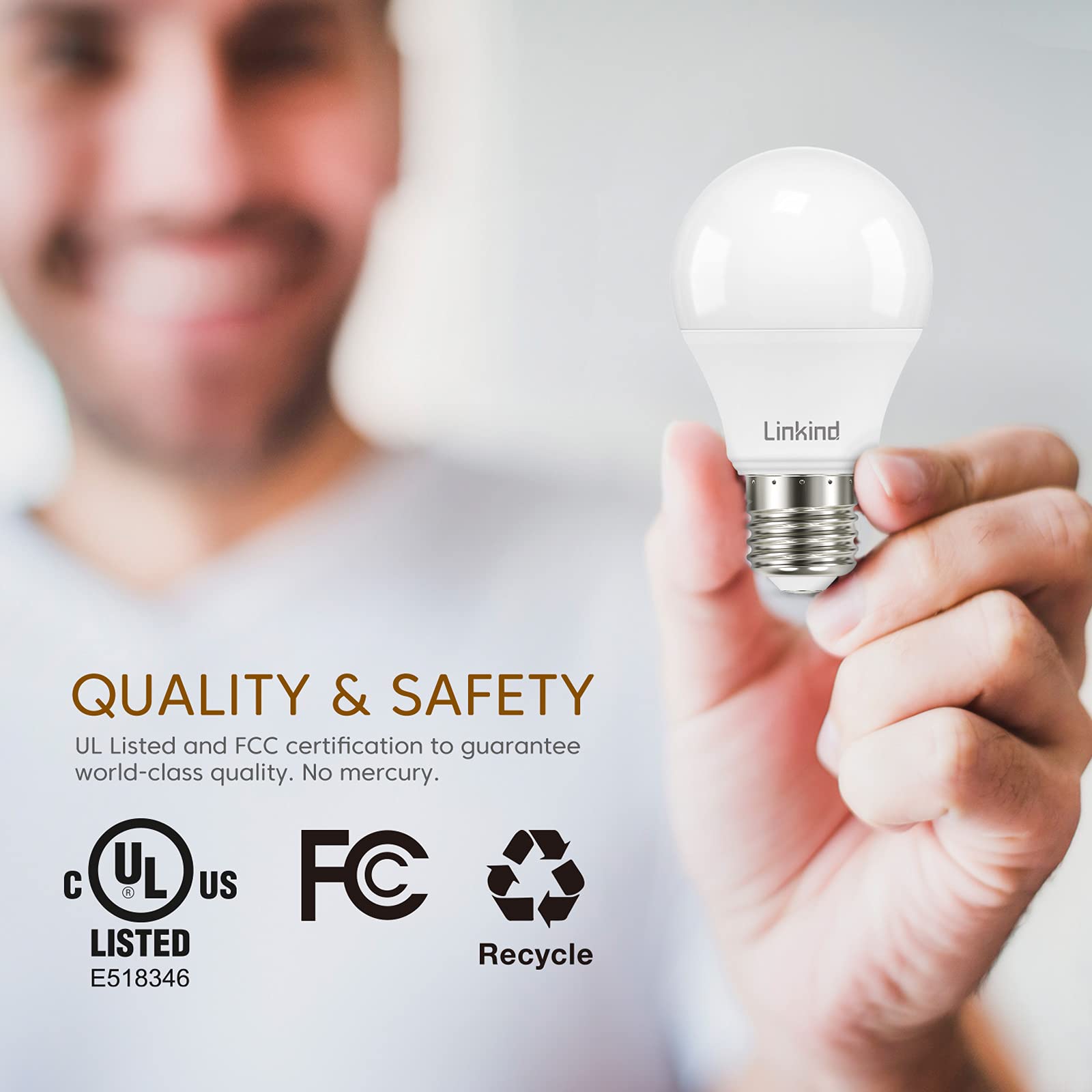 Linkind Dimmable A19 Led Light Bulbs, 60W Equivalent, E26 Base, 3000K Warm White, 9.5W 800 Lumens 120V, Ul Listed Fcc Certified,