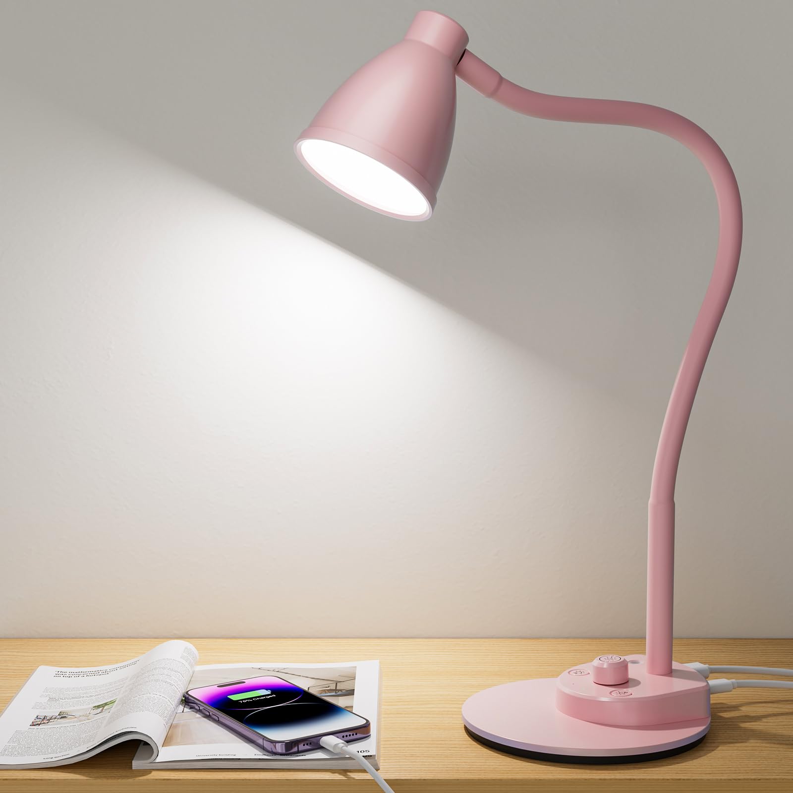 Bohon Cute Desk Lamp With Usb Charging Port, Pink Lamp 3 Color Modes Dimmable Reading Lamp, Flexible Gooseneck Table Light Auto Dimming Task Lamp, Led Desk Light For Home Office Dorm Bedside, Pink