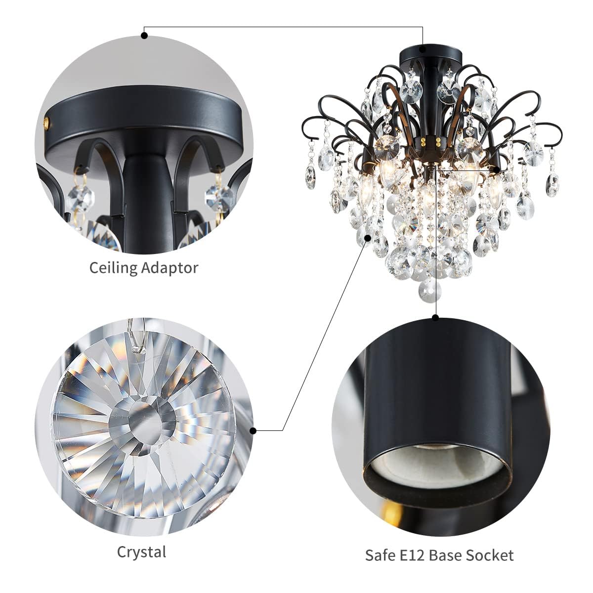 Wuzups Black Crystal Chandelier Flushmount Ceiling Light, 17.5''H X 19.3''W, E12