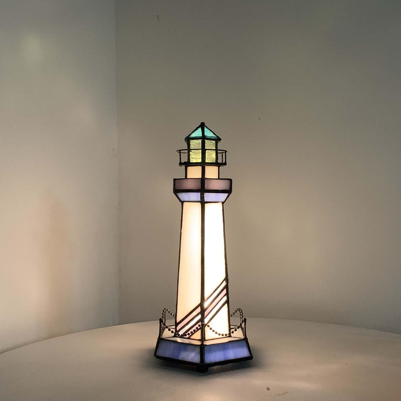 Bieye L10776 Lighthouse Tiffany Style Stained Glass Accent Table Lamp Night Light For Home Decoration (5X5X11, Blue)