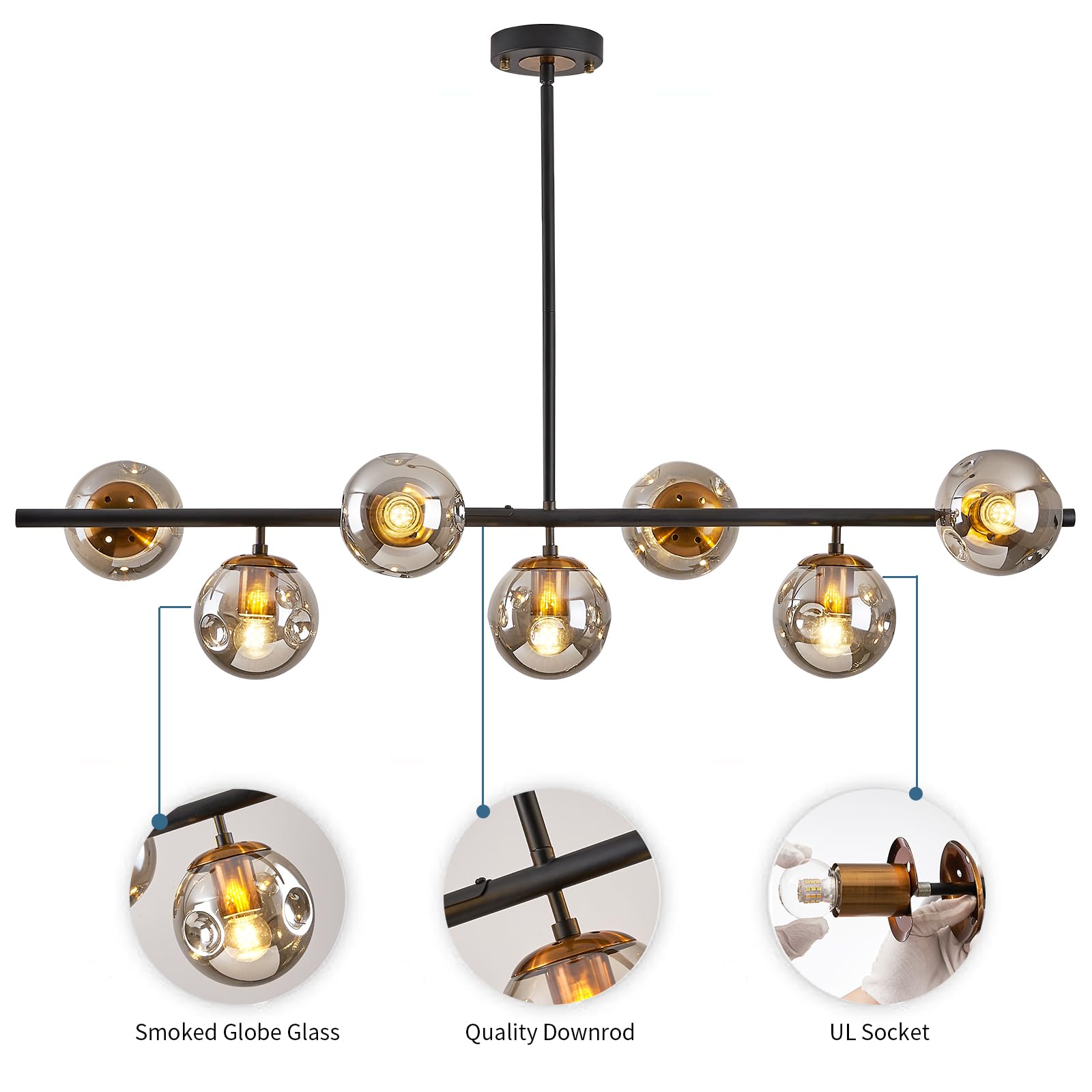DDLLDESHI Modern Linear Chandelier - 7 Lights Glass Globe Sputnik Ceiling Light Fixture, 41" Mid Century Black and Gold, Model DDL04-7G