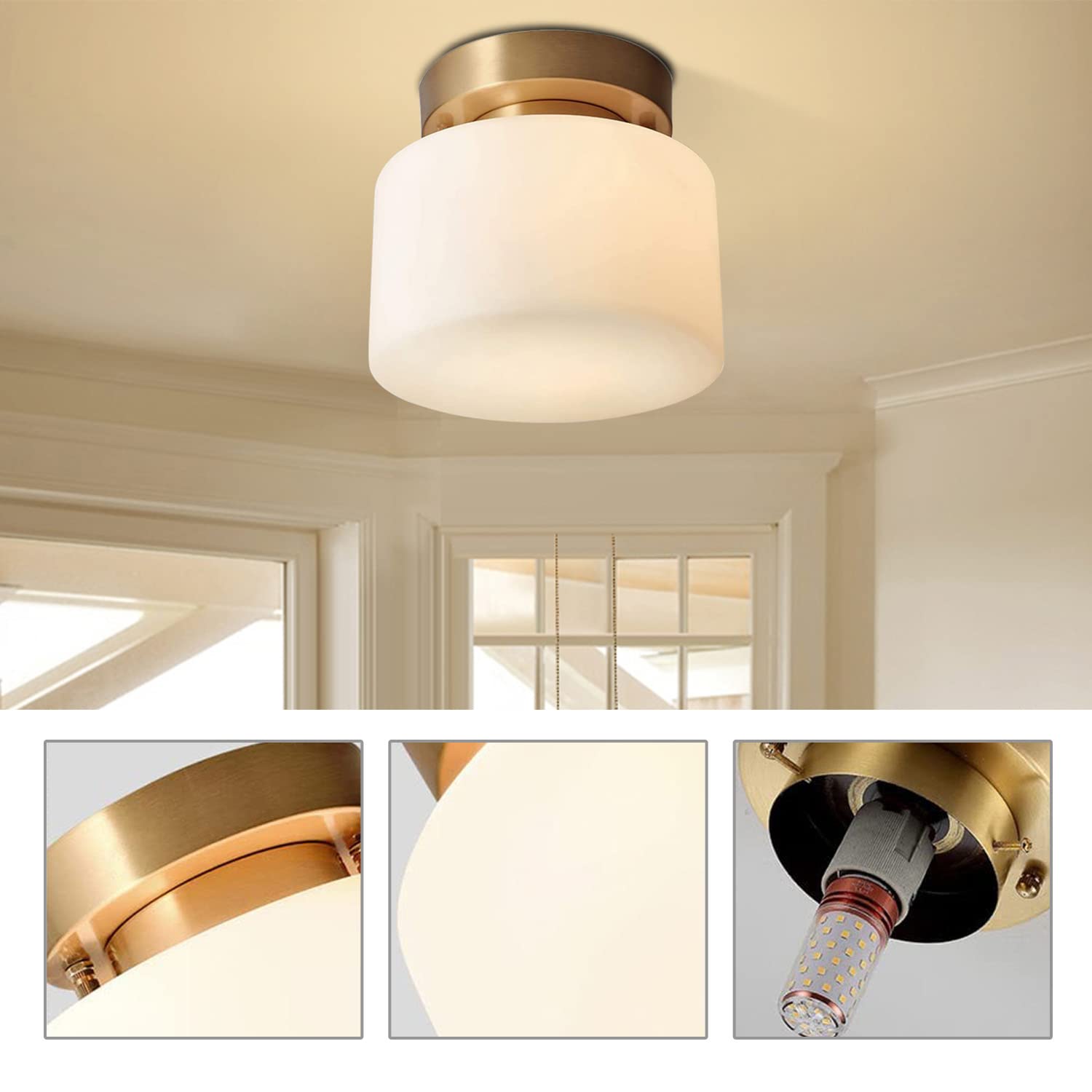 Flyrose Brushed Brass Gold Flush Mount Ceiling Light Fixture Frosted White Glass Ceiling Light Fixture Mid Century Modern Semi Flush Mount Ceiling Light Large Drum Ceiling Light Fixture