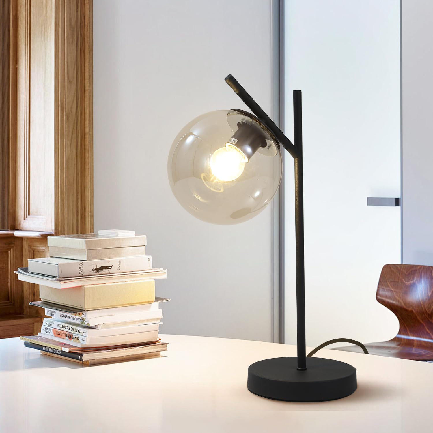 Fulesi Mid Century Table Lamp Vintage Bedroom Desk Lamp Black Nightstand Table Lamp Contemporary Clear Glass Globe Table Lamp Fo