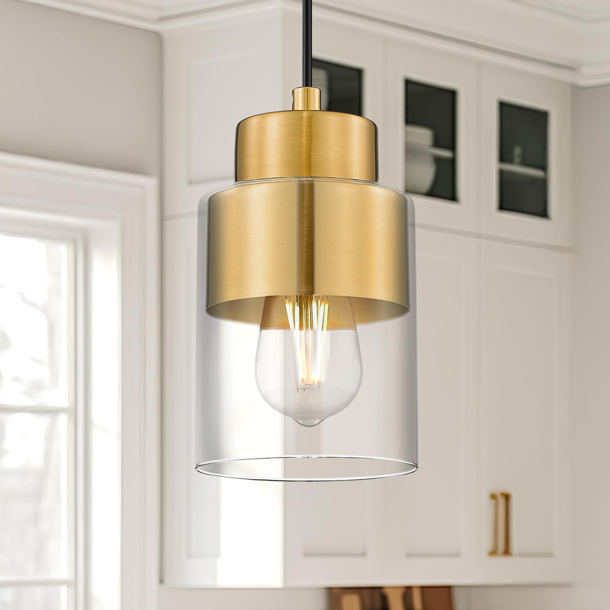 Audickic Gold Pendant Lights Kitchen Island  Dual Shade Hanging Lights Fixtures With Metal And Clear Glass  Modern Brass Kitchen Pendant Lighting Over Island For Dining Room  Ad-24022-1P-Gd