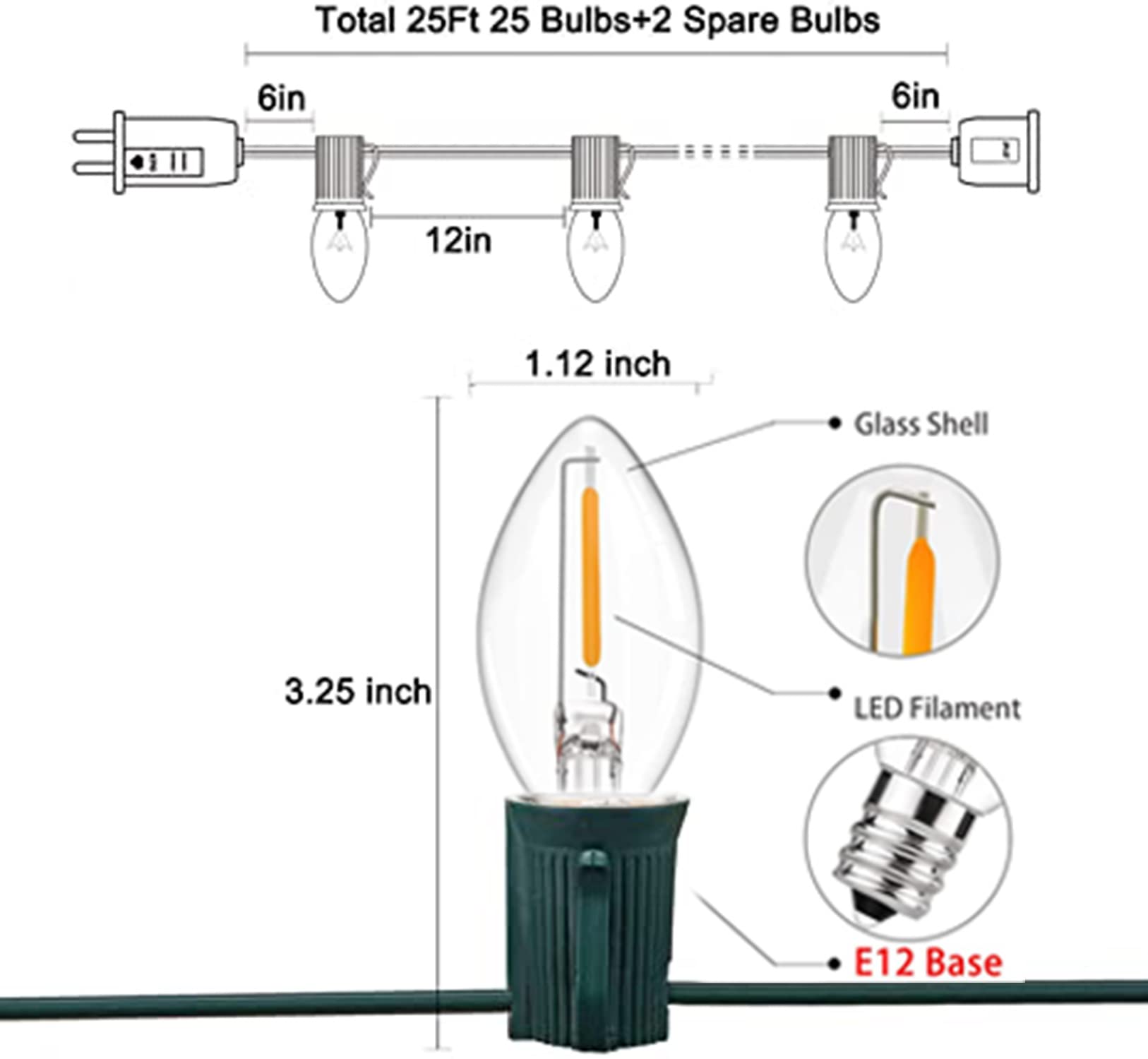 25Ft C7 Led Christmas Lights Outdoor, C7 Warm White Christmas String Lights With 27 Led Bulb, Hanging Vintage Christmas Lights U